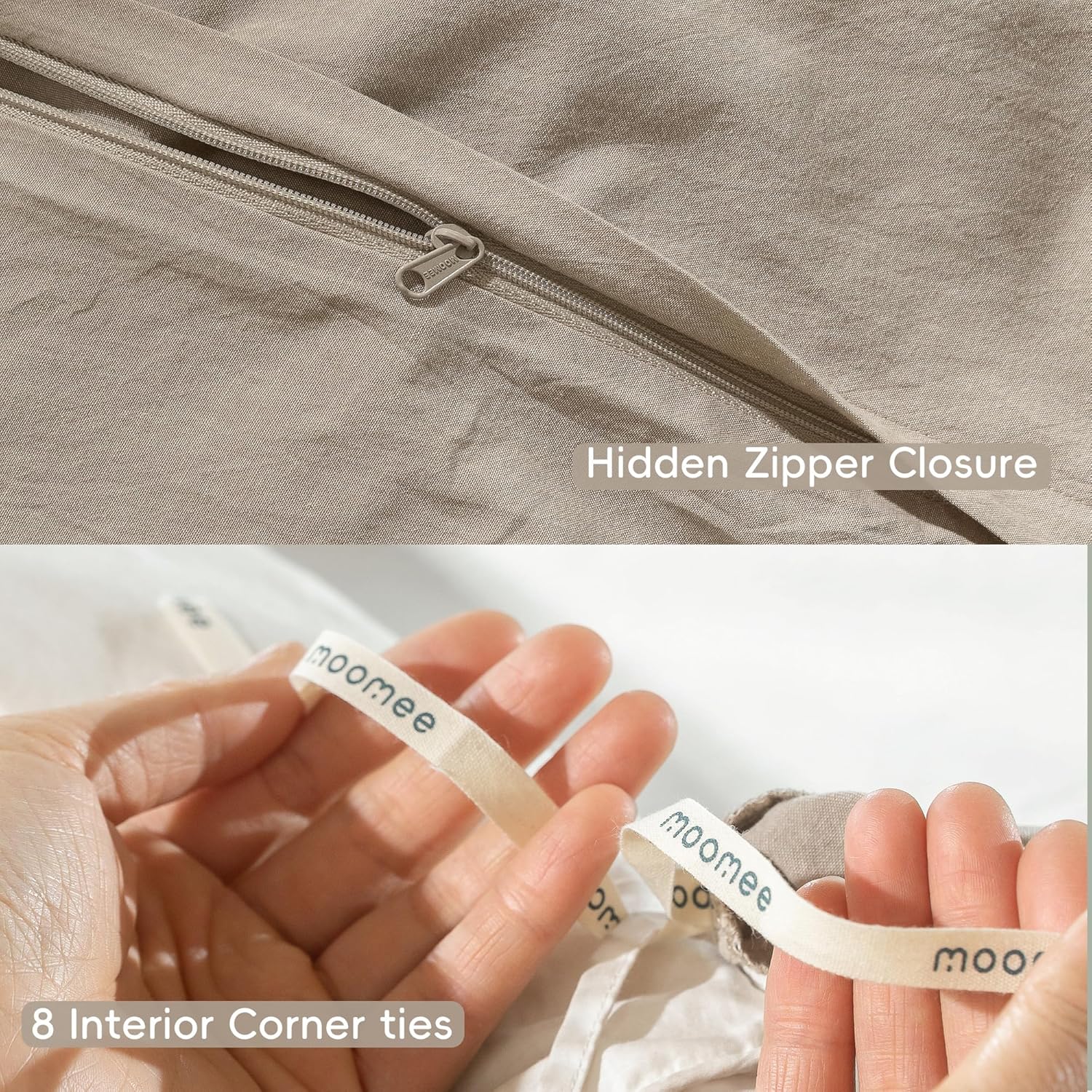 Detalle de MooMee Bedding Washed Cotton Duvet Cover Set (Queen) — Heathered Tannish Linen Grey, Soft & Breathable