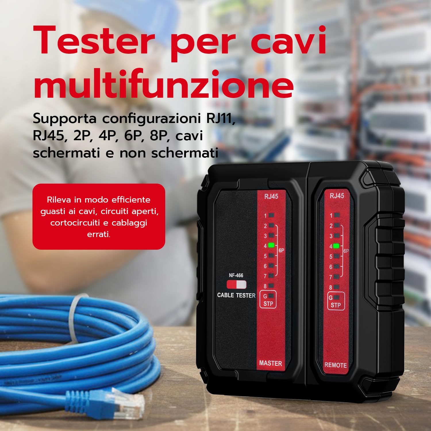 Detalle 2 de Mcbazel Tester di Rete RJ45 RJ11 60V 📡