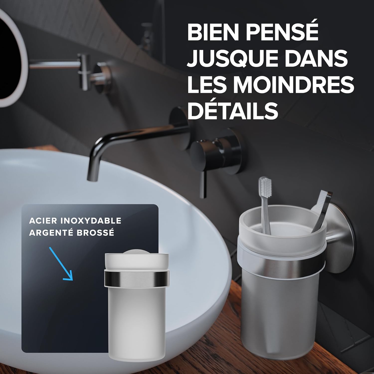 Thumbnail 5 de ovimar Keldsnor Gobelet à brosse à dents – Argenté, sans perçage, en verre et acier inoxydable
