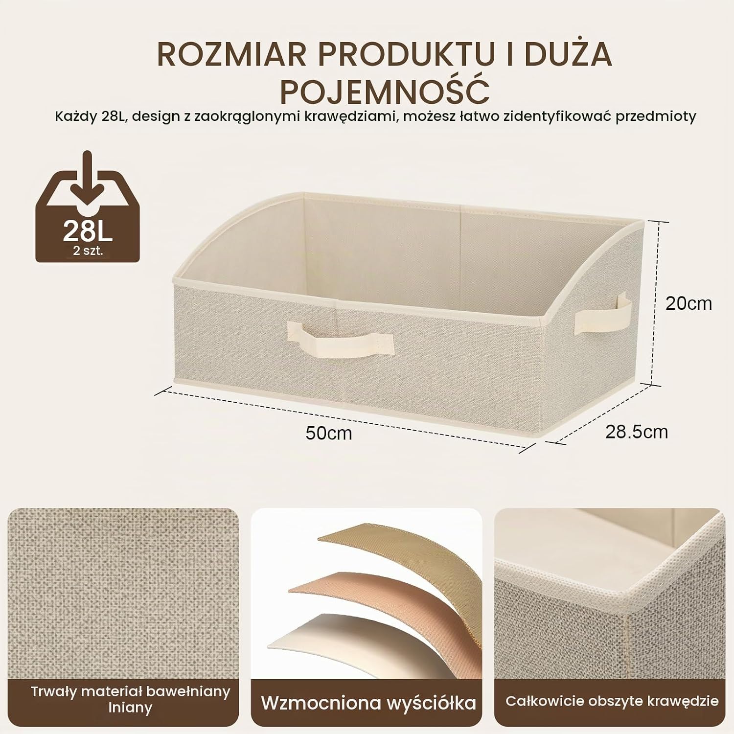 Detalle de Cozary składane pudełka do przechowywania, 2 × 28 l, beżowe