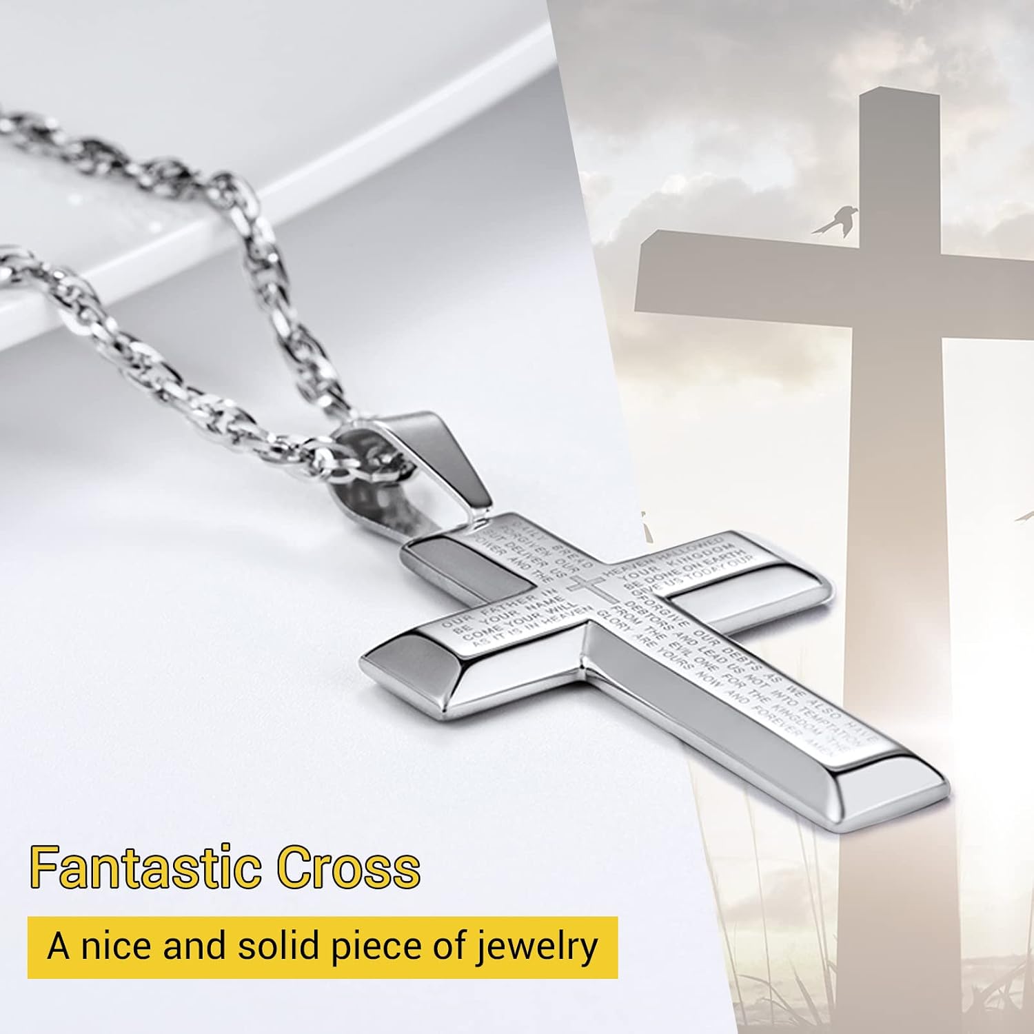 Detalle de PROSTEEL collana da uomo con crocifisso grande, verso Bibbia e catenina regolabile