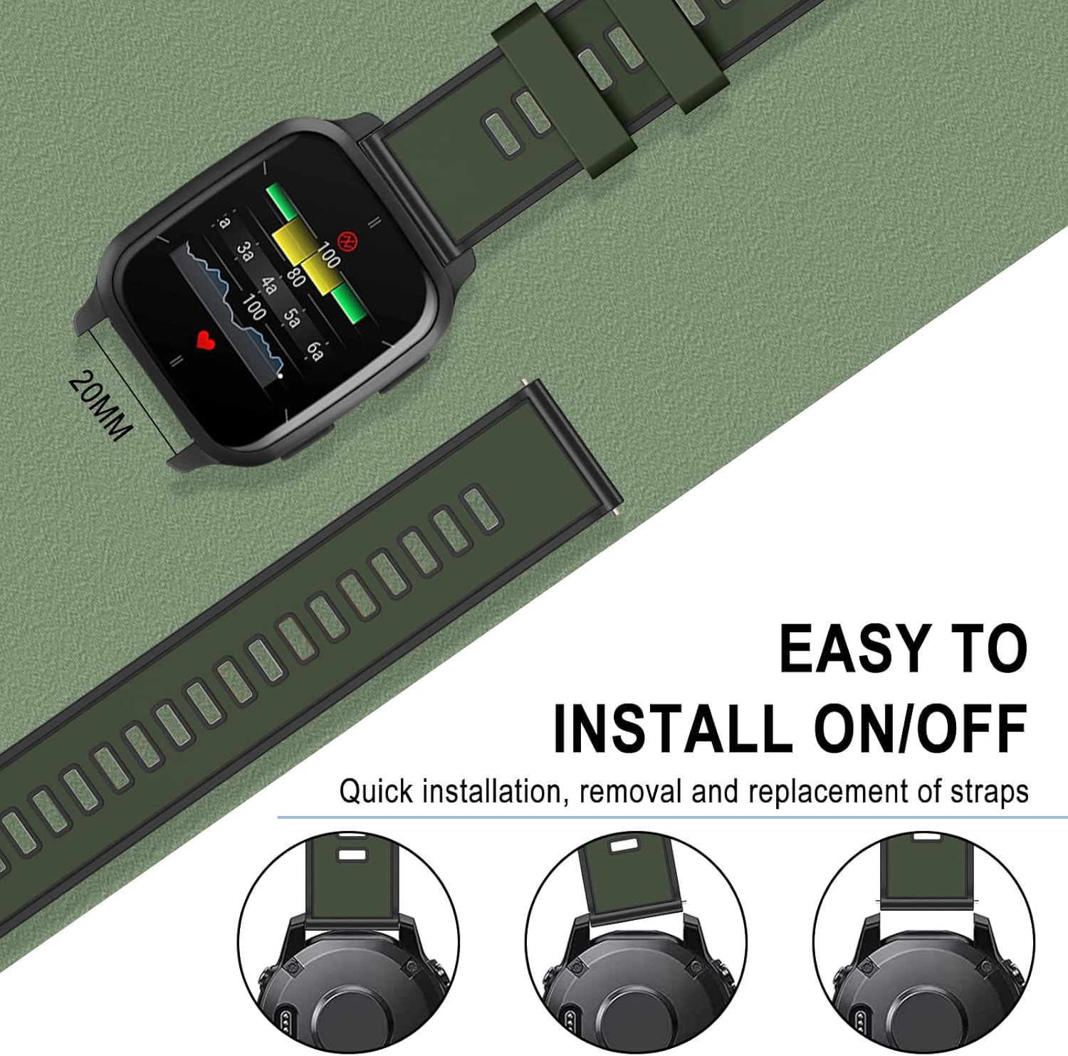 Thumbnail 3 de SumRioo 20 mm Silikonarmband für Garmin Vivoactive 6/5/3, Venu Sq, Forerunner und mehr – Grün/Schwarz