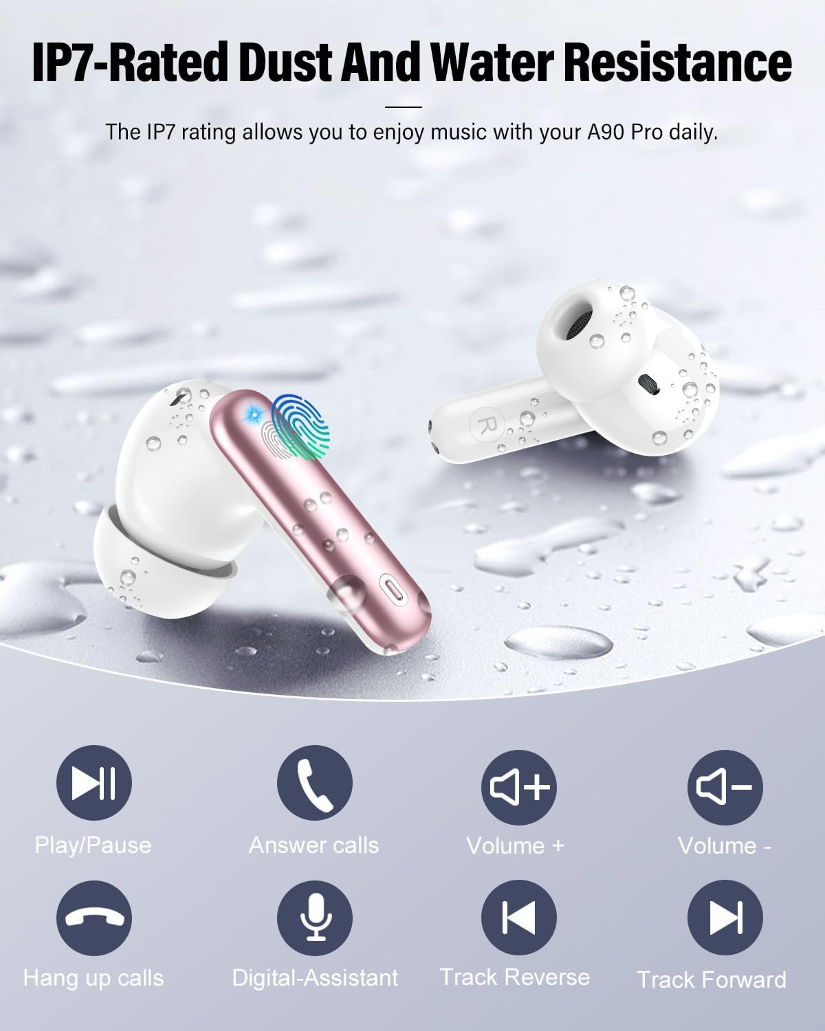 Detalle 2 de Btootos A-A90 Pro Wireless Earbuds, Bluetooth 5.4, Rose Gold, LED Display