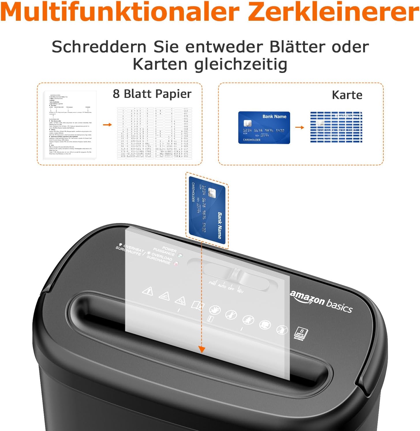 Detalle de Amazon Basics Querschnitt-Aktenvernichter für bis zu 8 Blätter – kompakt, sicher und zuverlässig
