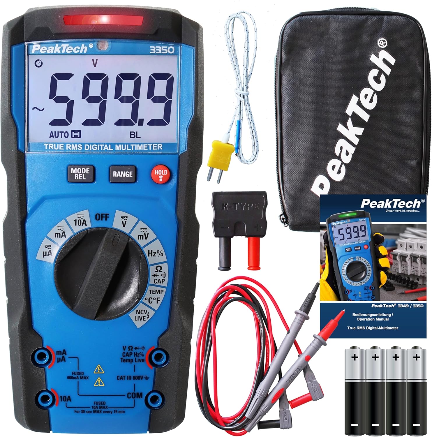 PeakTech P 3350 – True RMS Multimeter mit Digitalanzeige, 6000 Counts, Auto-Range, 10 A, CAT III 600 V