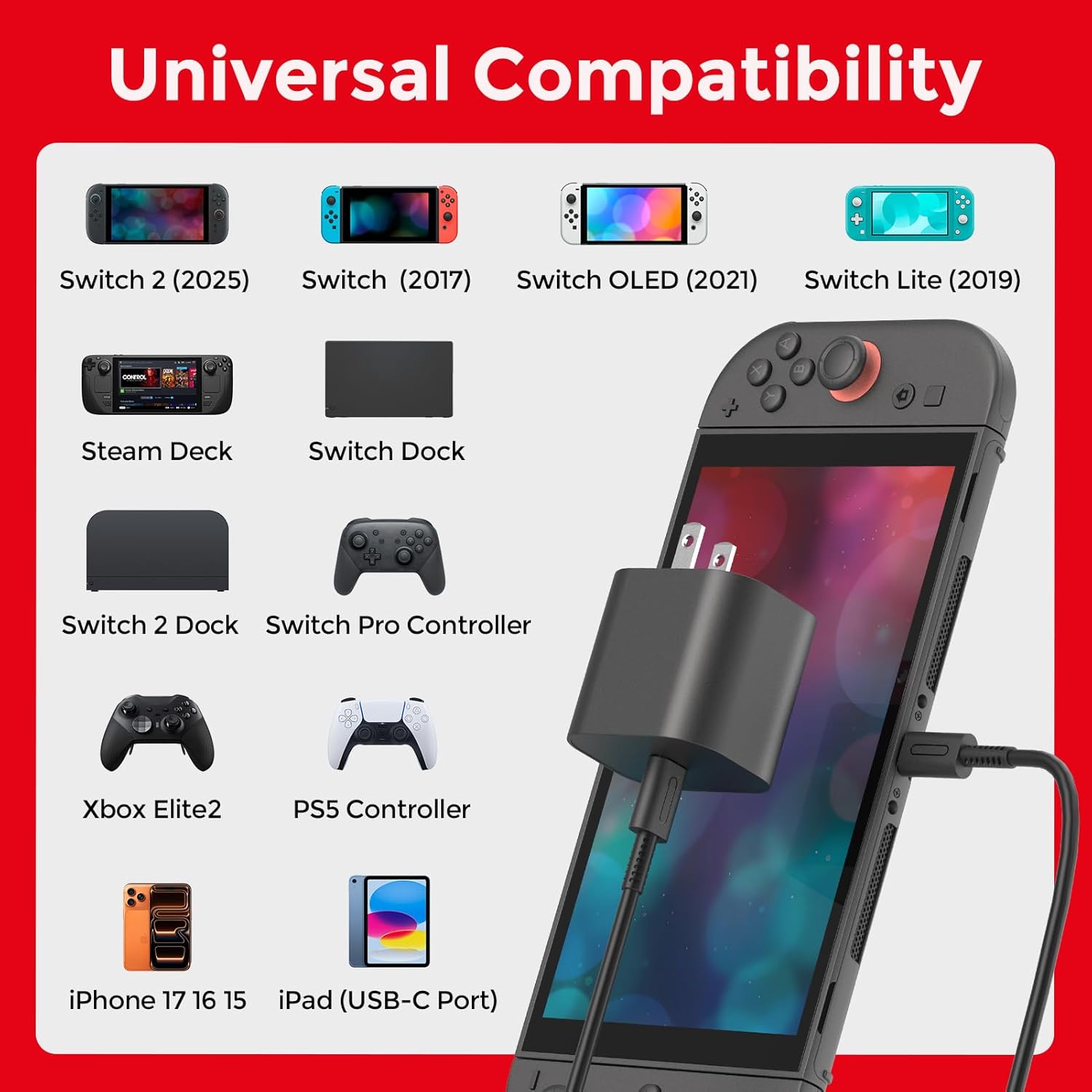 Thumbnail 2 de Charger for Nintendo Switch 2 60W AC Adapter with 10ft USB-C Cable