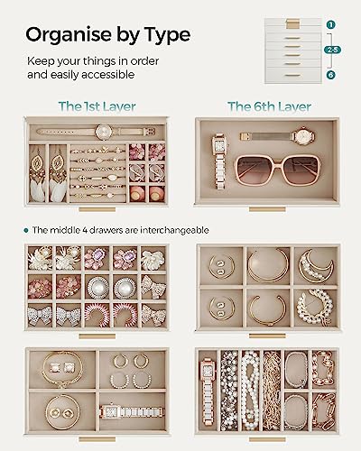 Thumbnail 2 de SONGMICS Collection Jewellery Box with Glass Lid (GISELLA JBC171W01) – 6-Layer Storage, Cloud White & Gold