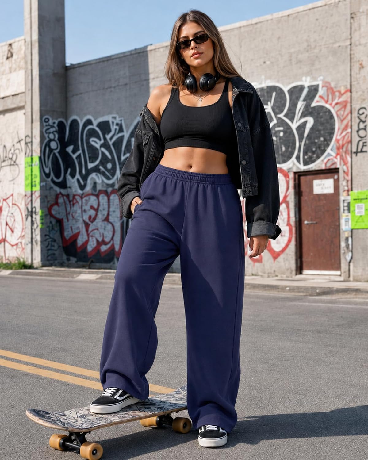 Detalle de HMIYA Women's Cotton Fleece Sweatpants, Wide-Leg, 27.4–27.8 in Inseam