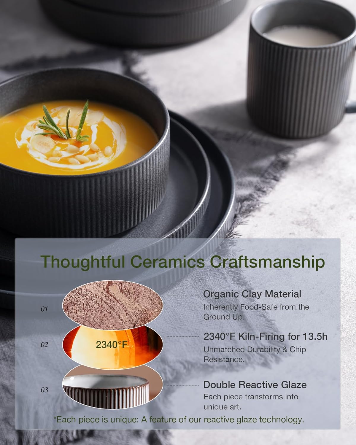 Thumbnail 4 de Famiware Star Dinnerware Set with Pasta Bowls (24 Pieces) — Ribbed Stoneware, Service for 6