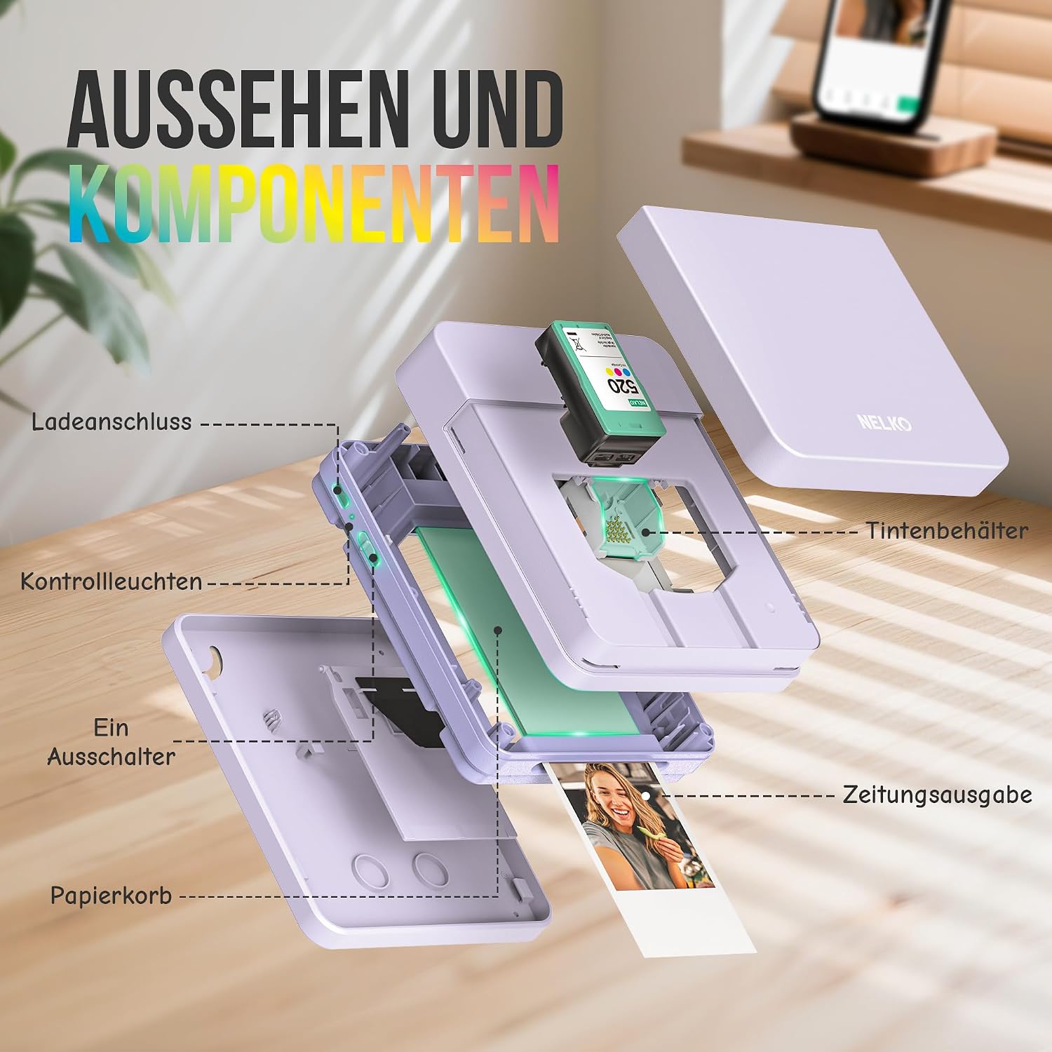 Detalle de Nelko Fotodrucker PP01 – Tragbarer Mini-Fotodrucker mit 20 Blatt Klebe-Fotopapier und AI-App