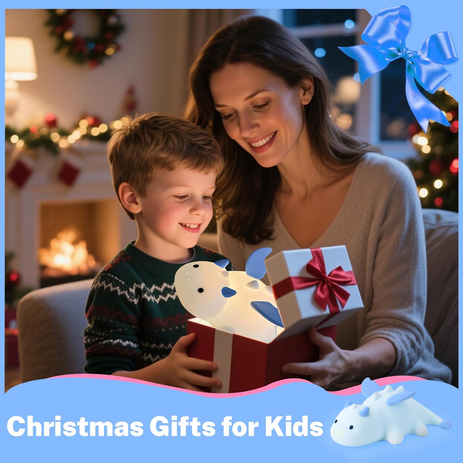 Detalle de AVEKI Night Light for Kids – Cute Milk Dragon Silicone Lamp (Blue) with 7 Colours, Dimmable & Rechargeable