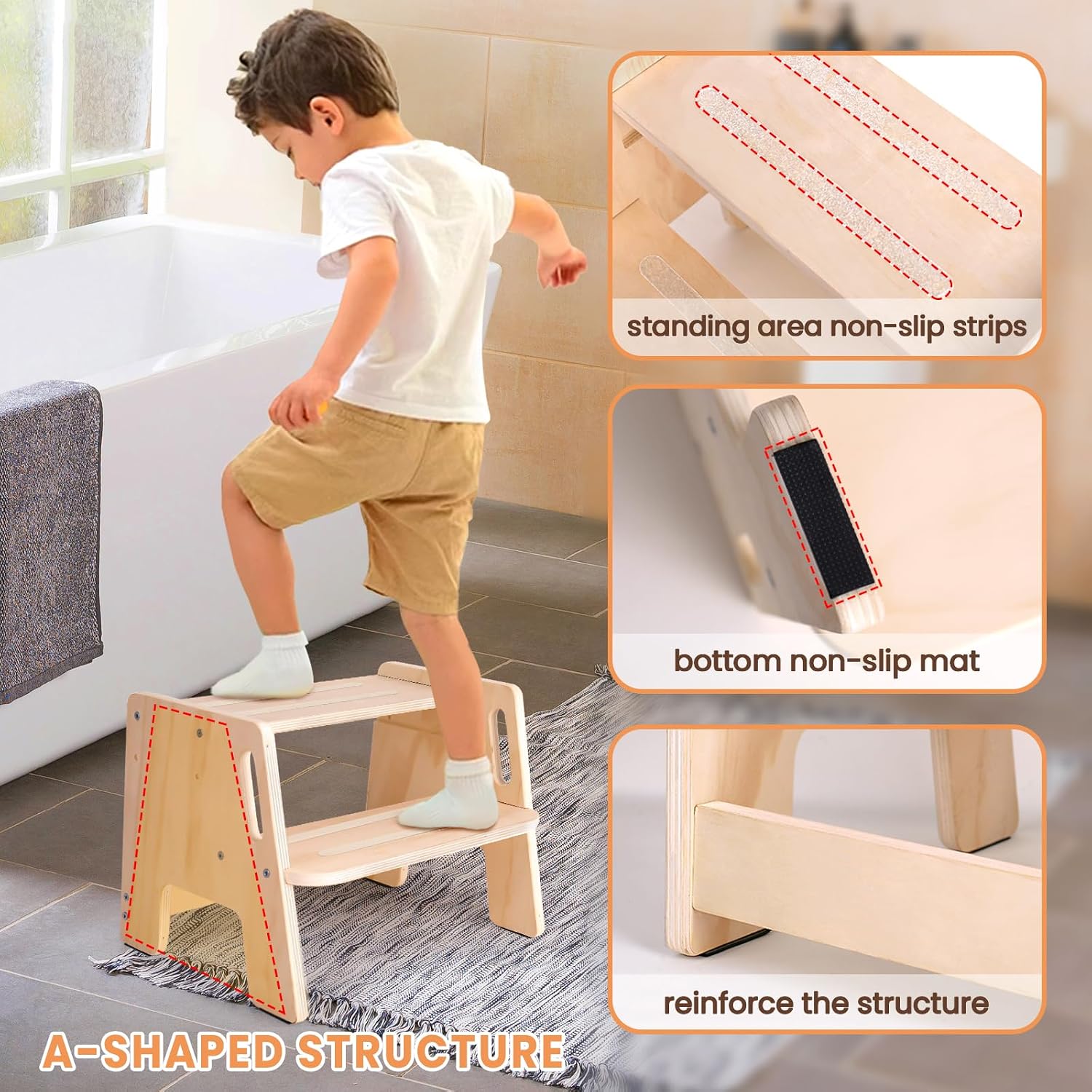 Thumbnail 1 de Woodure WD1357 Wooden Toddler Step Stool, 2 Steps, Adjustable Height