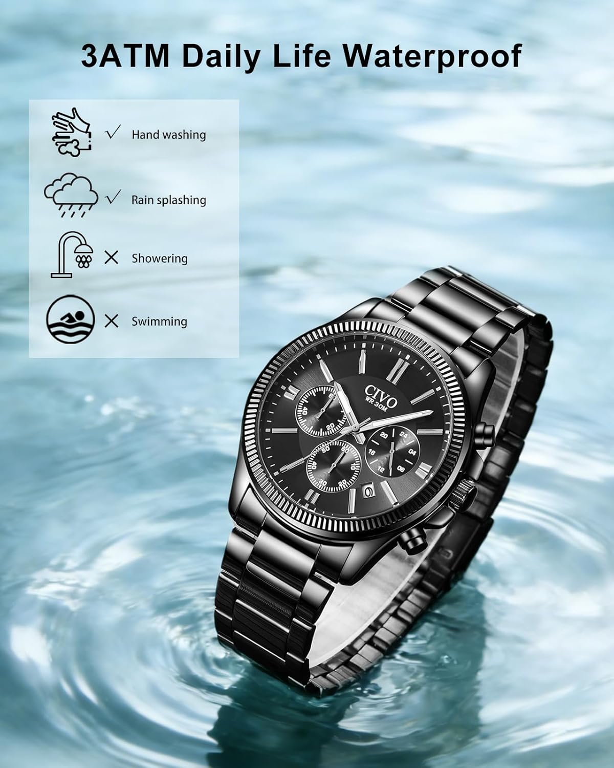 Thumbnail 4 de CIVO Herren-Chronograph Edelstahl Quarz mit Datum – wasserdichte 3-ATM-Armbanduhr (41 mm)