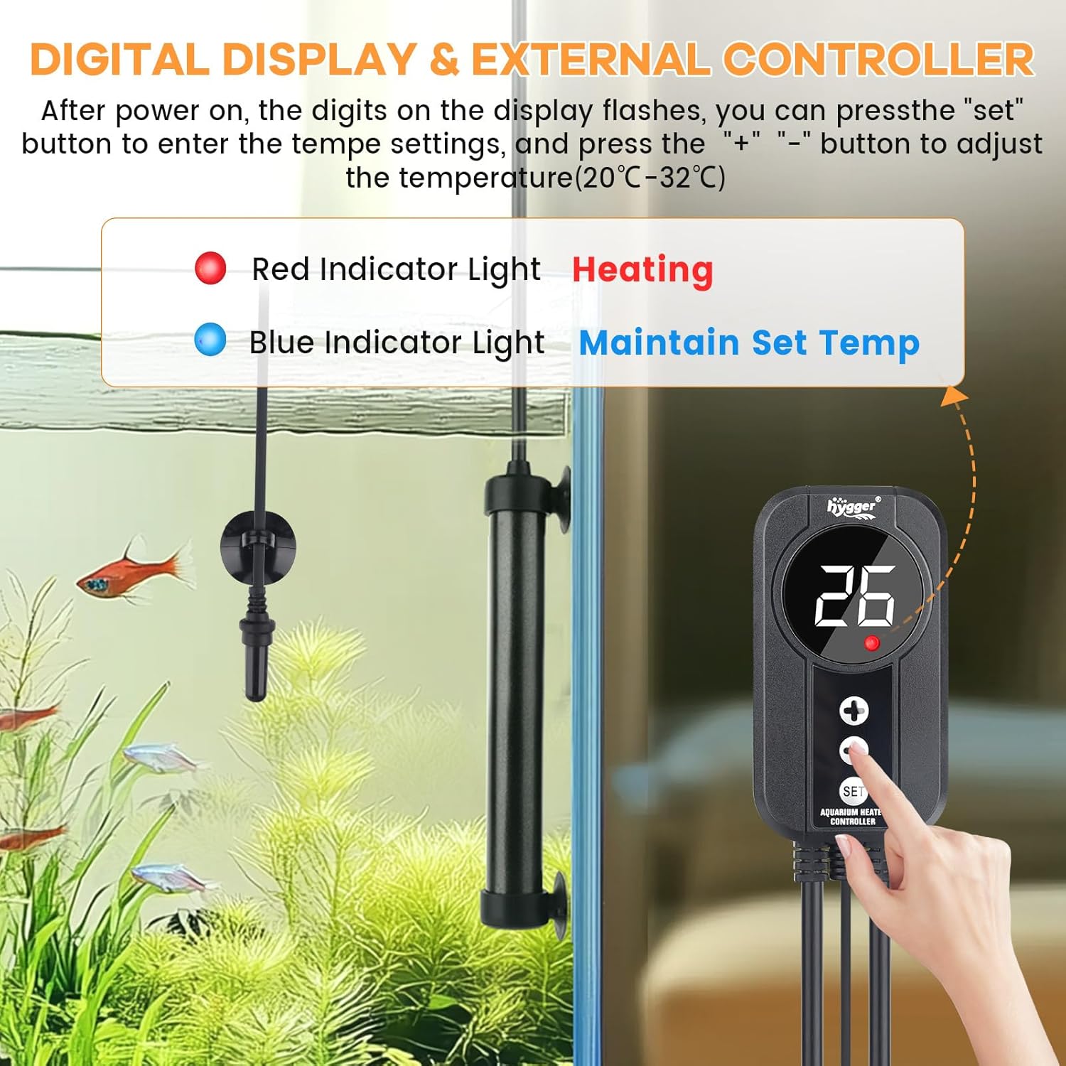 Detalle de hygger Titanium Heizer 100W – Aquarium-Heizung mit Display-Controller für 57–76 L Becken