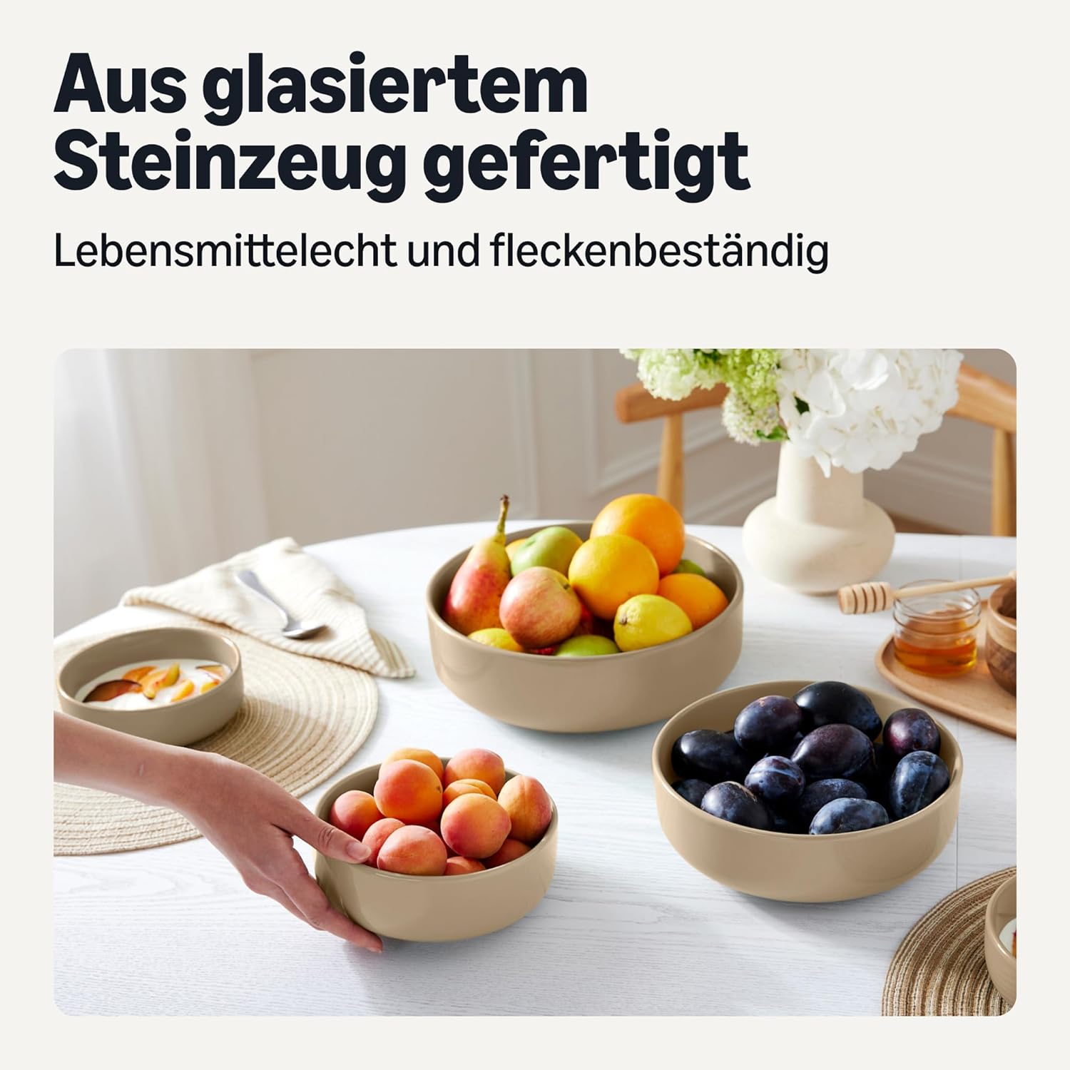 Detalle de Amazon Basics Glasierte Steinzeug-Servierschalen, 3-teiliges Set – Leinengrau
