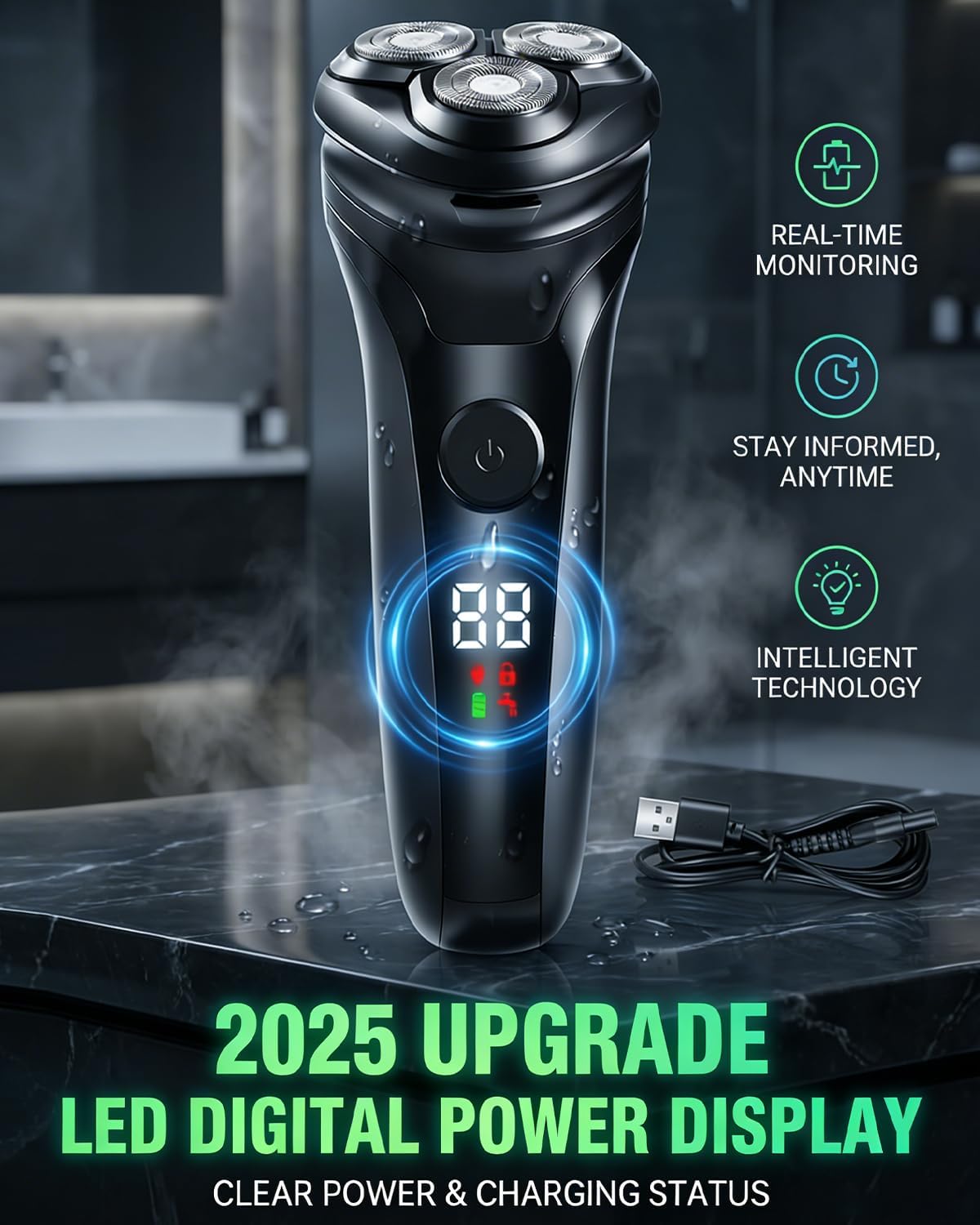 Detalle de Neialla Men's Electric Shavers: Cordless, 90-Min Run Time, IPX5 Wet & Dry & 3 Rotary Blades