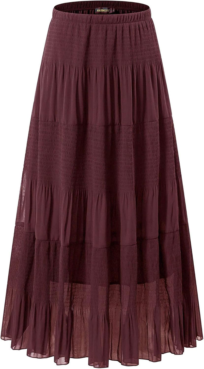 Thumbnail 6 de NASHALYLY Women's Chiffon Elastic High Waist Pleated A-Line Flared Maxi Skirt