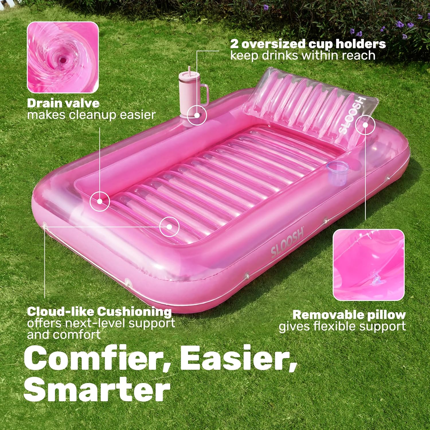 Thumbnail 3 de SLOOSH Inflatable Tanning Pool Lounger Float (85" x 57"), XL Pink