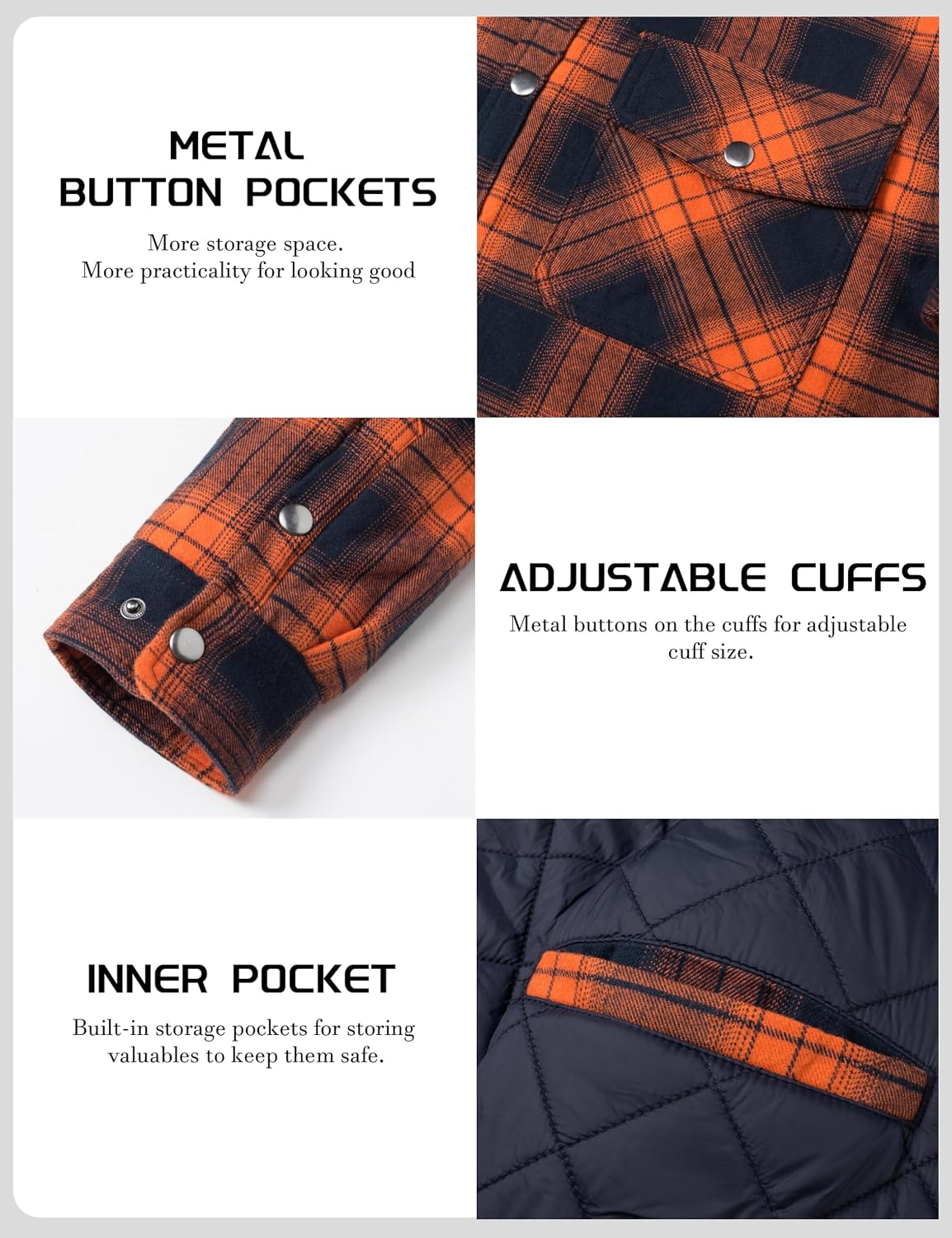 Detalle 2 de TACVASEN Men's Quilted Flannel Jacket, Lightweight Check Button-Down