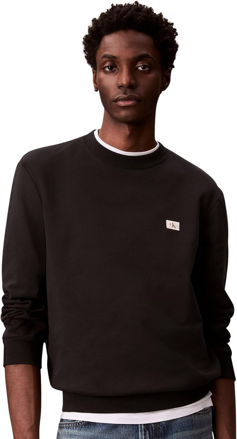 Detalle de Calvin Klein Men’s Round Neck Terry Badge Sweatshirt, Black, XL