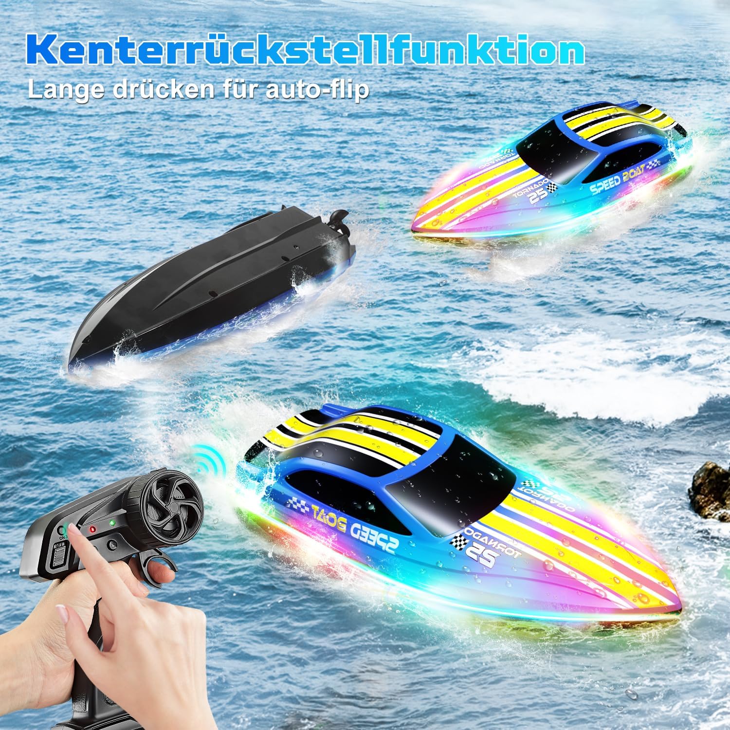Thumbnail 2 de Ferngesteuertes Boot 2,4 GHz mit 7 LED-Lichtmodi, 15 km/h, 2 Batterien
