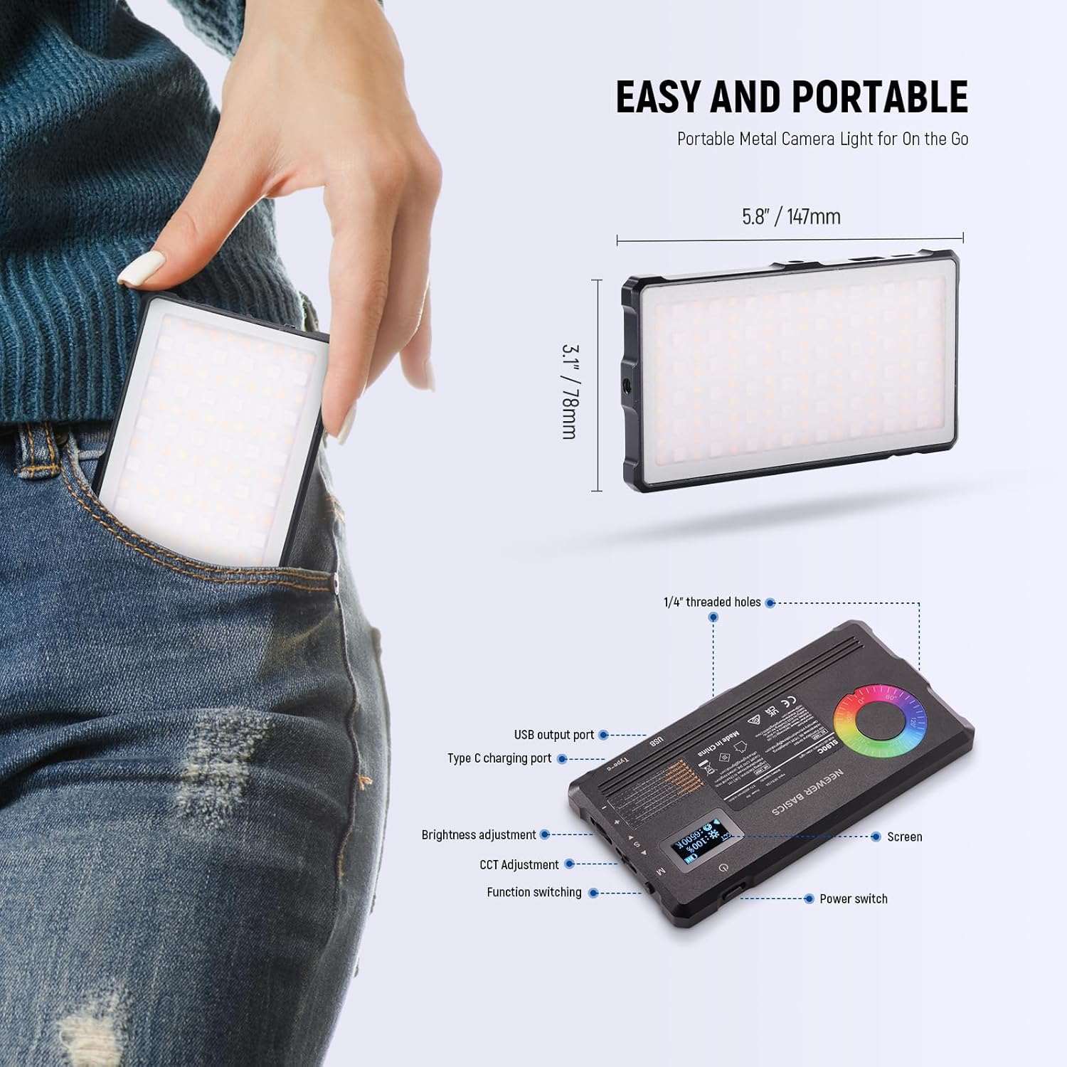 Thumbnail 5 de NEEWER Basics RGB Video Light SL90C: luce LED portatile 8W con 2700K-7500K e RGB ricaricabile