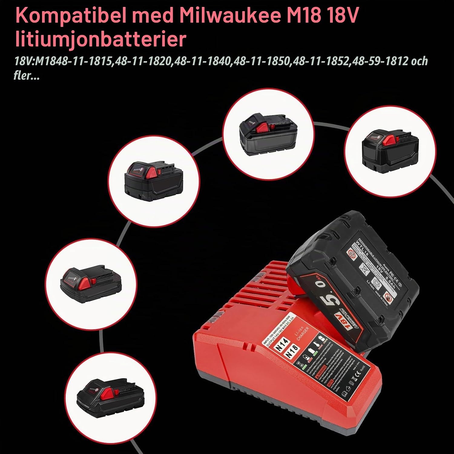 Detalle de Powarobor M18B5 batteriset med laddare, 2 × 5,0 Ah och 18 V