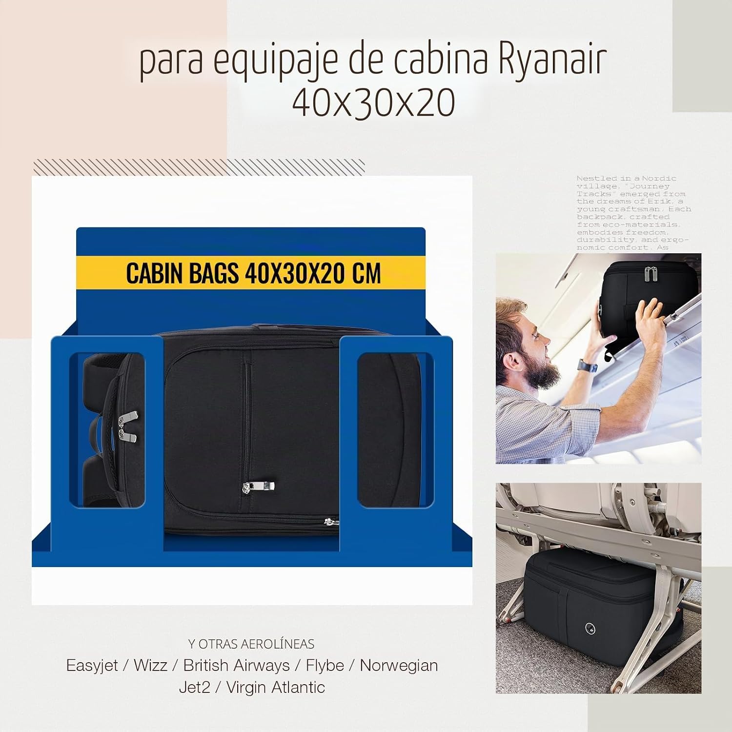 Detalle 2 de RuoSien Mochila de Cabina 40x30x20 cm para Ryanair: organización inteligente y comodidad en viaje