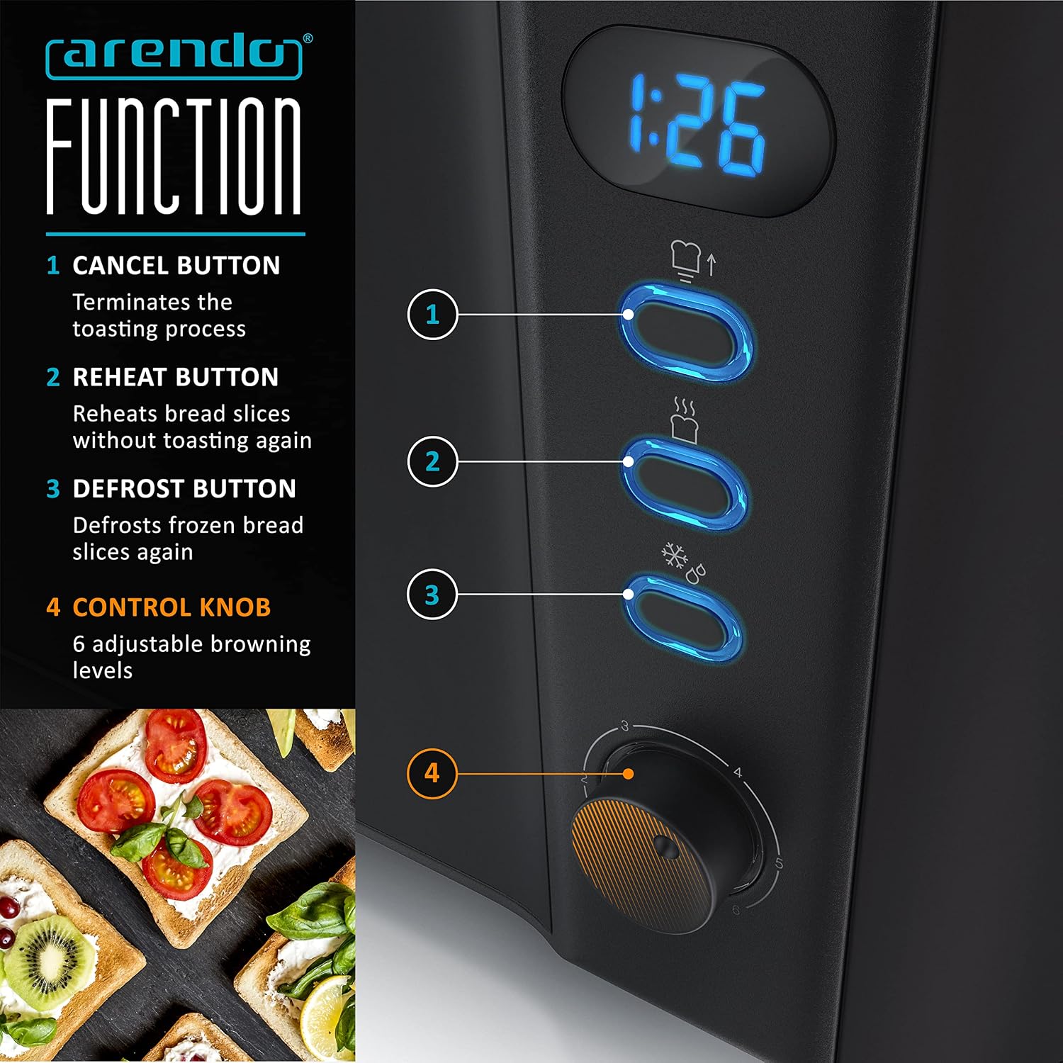 Detalle de Arendo Frukost 4-slice long slot toaster with 6 settings 🍞
