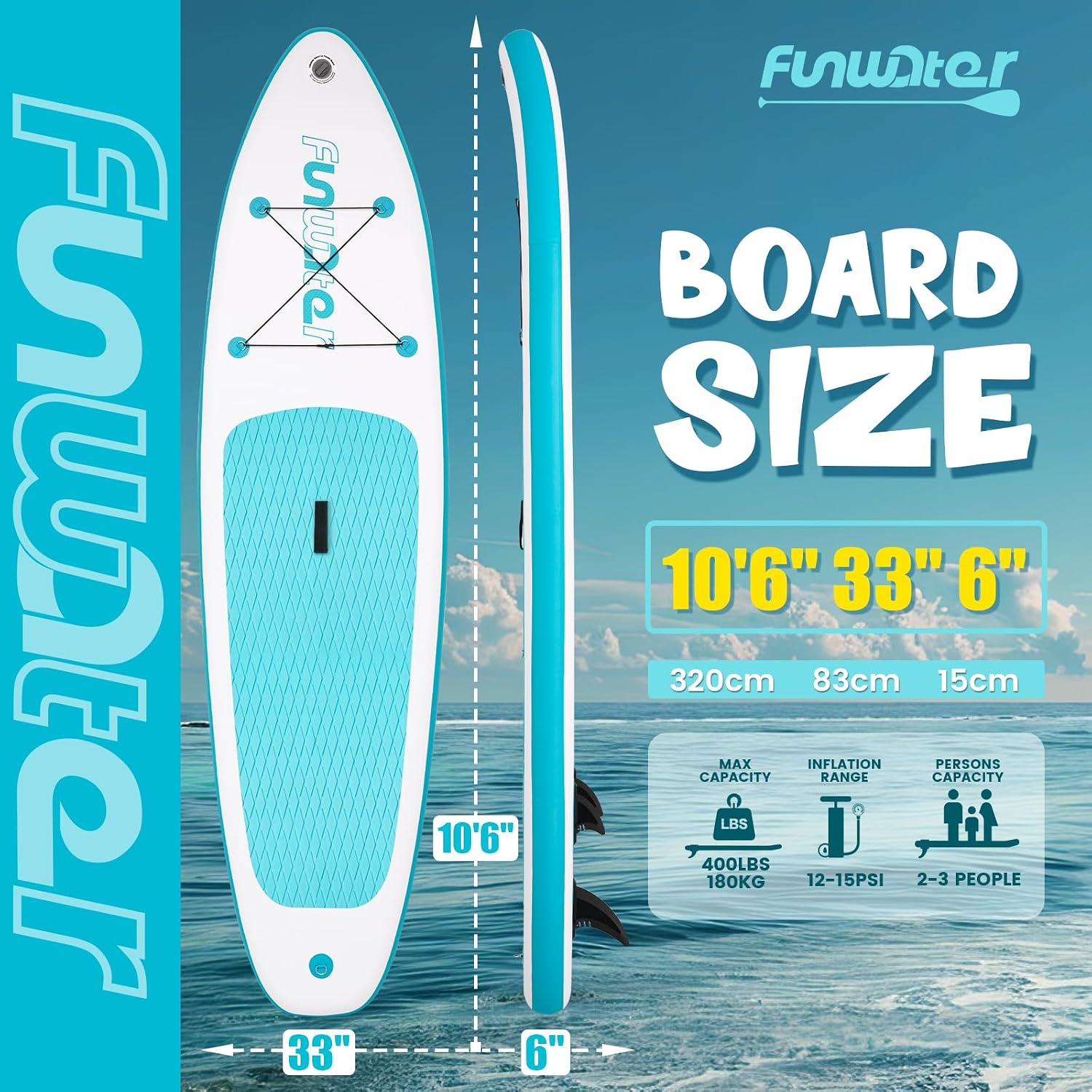 Detalle de FunWater Ultra-light Inflatable Stand Up Paddle Board – 10’6 with Adjustable Paddle, Pump, Leash and Backpack