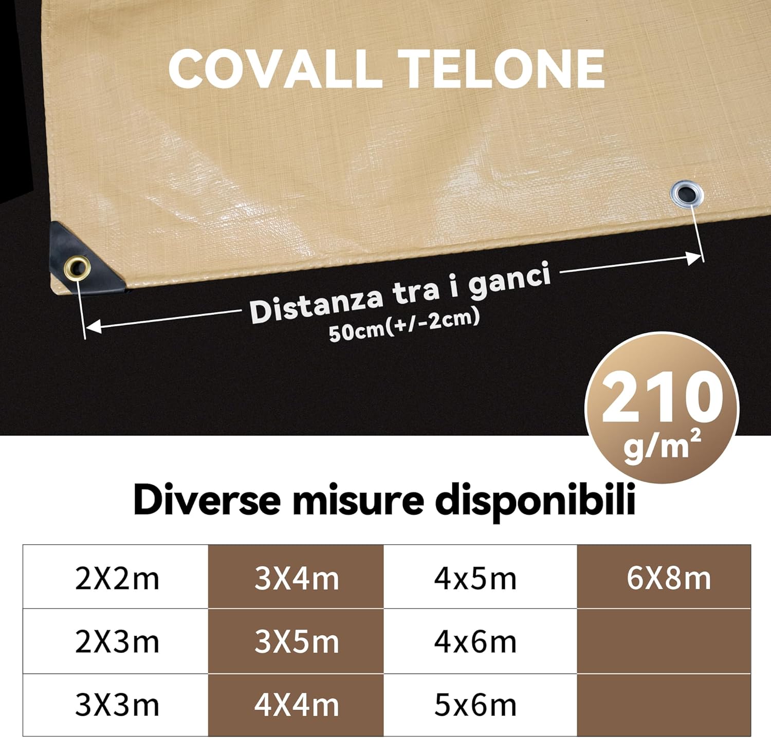 Detalle 1 de COVALL Telo Impermeabile Esterno 210 g/m² da 4x6 m con occhielli rinforzati e protezione UV