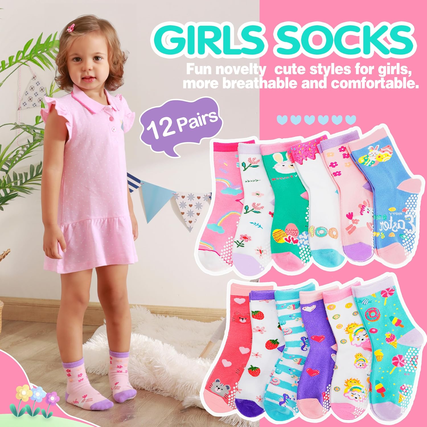 Detalle 2 de Welwoos 12 Pairs Baby Girls Non‑Slip Socks
