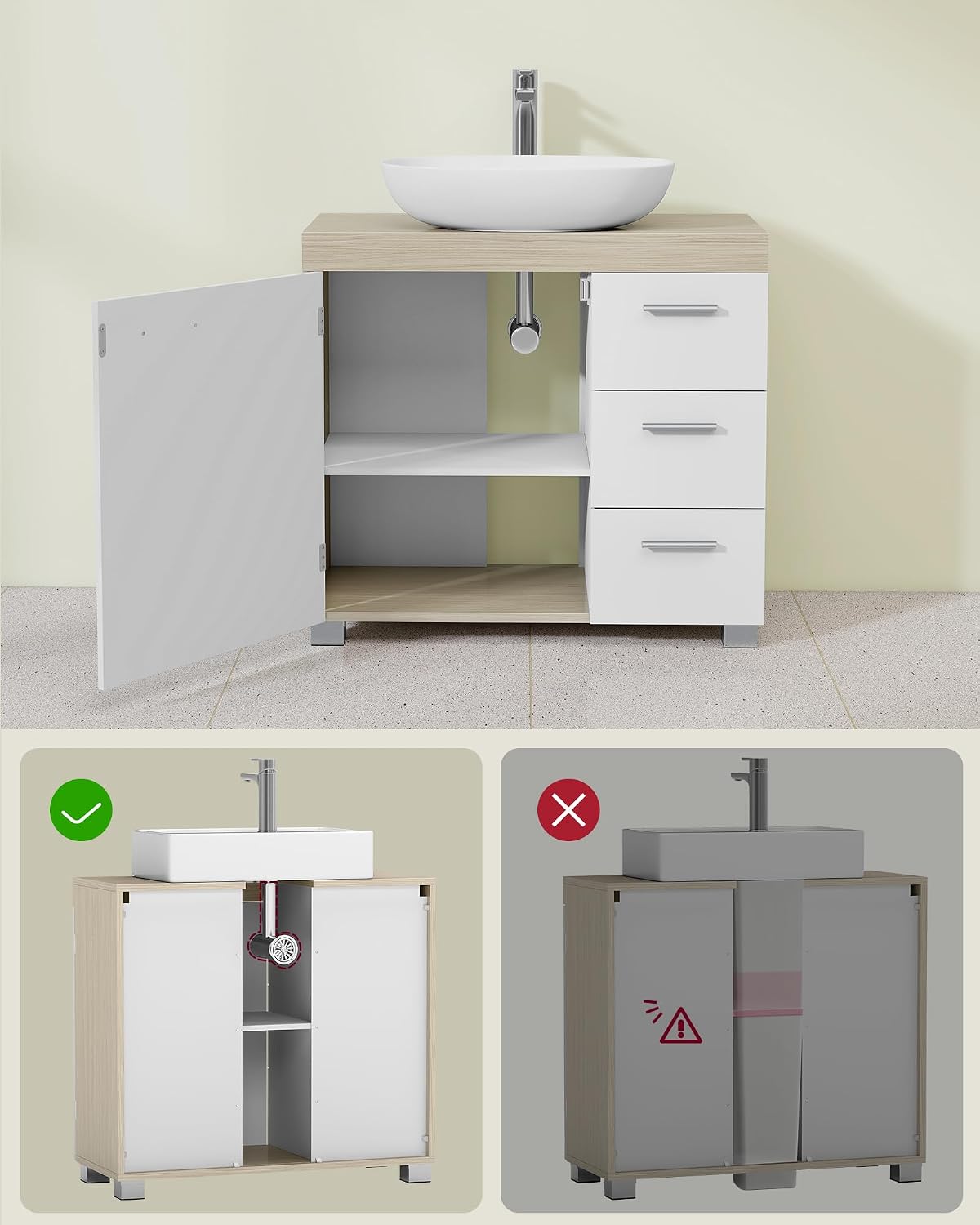 Detalle 1 de VASAGLE CUSTOS BBK503K01 Under-Sink Cabinet, 3 Drawers and Adjustable Shelf
