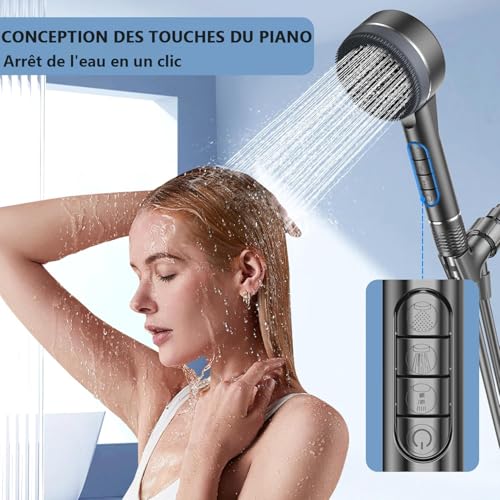 Thumbnail 7 de Pommeau de douche anti calcaire Arbudspro – Haute Pression avec 3 filtres, tuyau 1,5 m et support, Gris