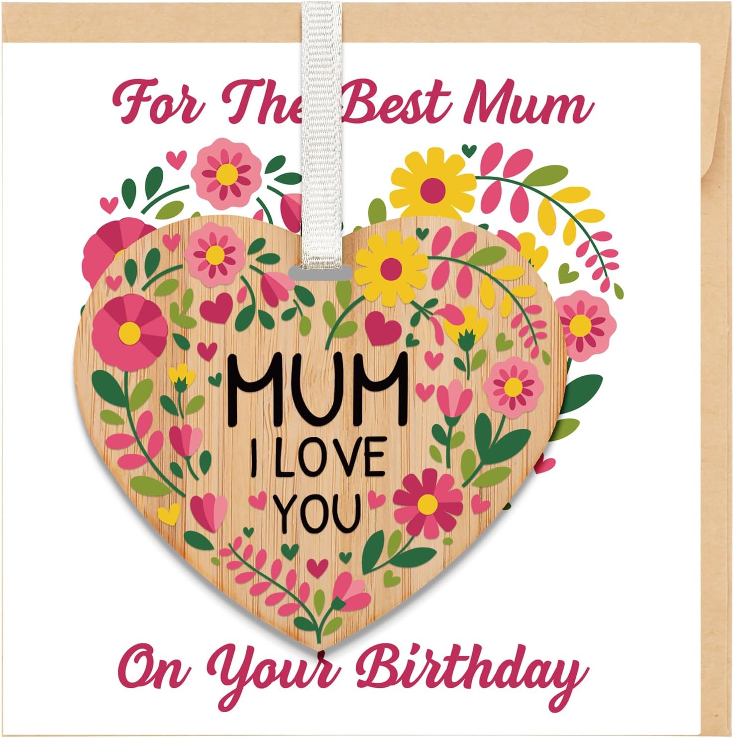 TheGiffter Mum Birthday Card with Wooden Heart Plaque Gift Set (150x150mm) + Envelope