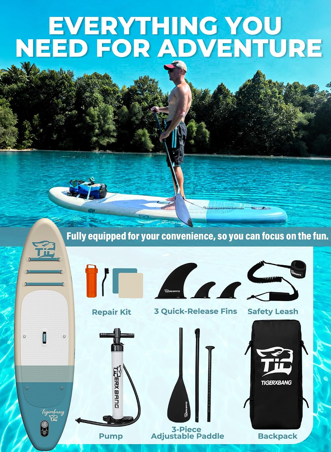 Detalle de TIGERXBANG Tavola SUP Gonfiabile Sunny Wave 305 x 84 x 15 cm — Kit completo con Pagaia, tre pinne, zaino e accessori