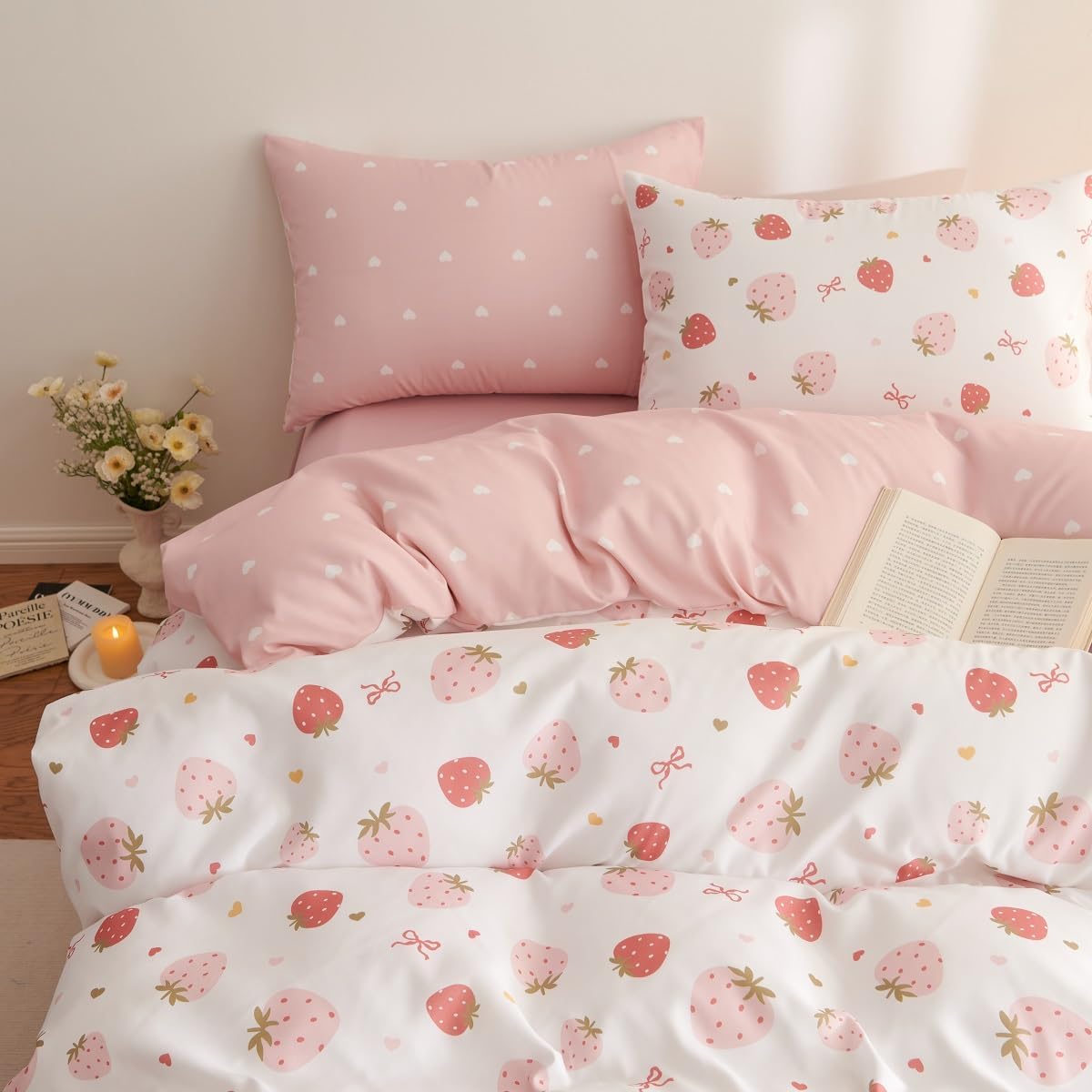 Detalle de Lanqinglv Bettwäsche 135x200 Rosa Weiß Erdbeeren Herzen Schleifen – Mikrofaser, ÖKO-TEX, Wendebettwäsche für Mädchen