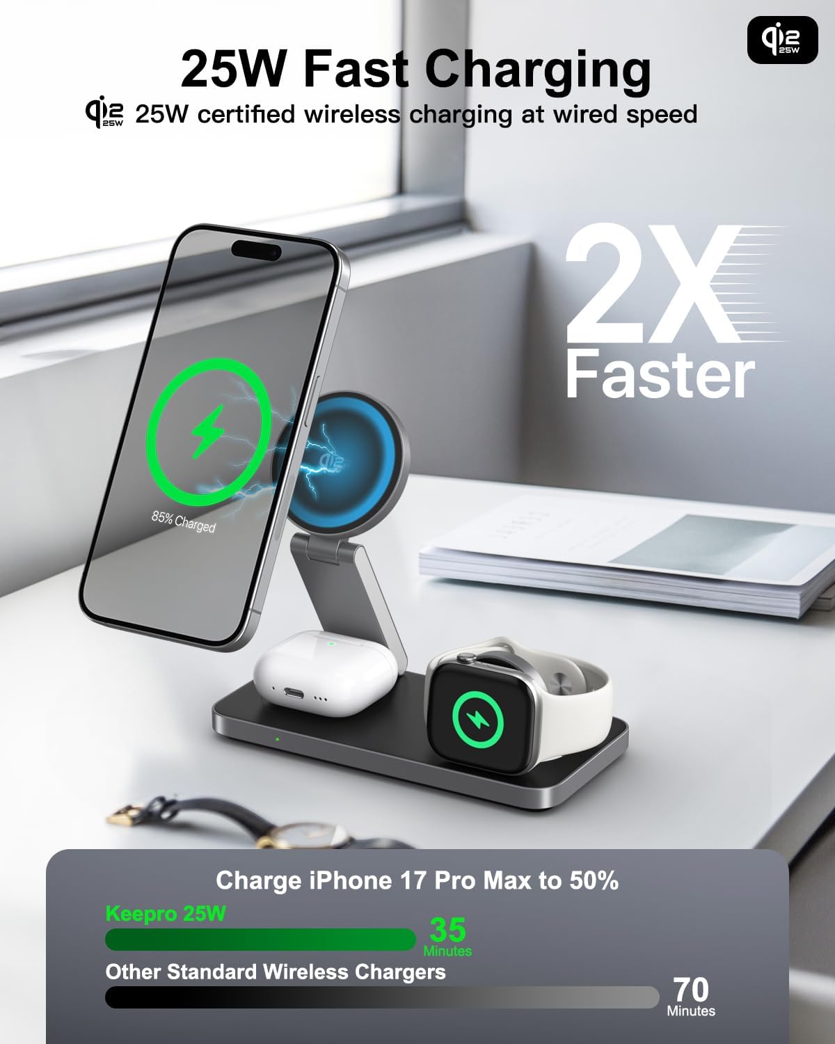 Thumbnail 1 de 3 in 1 Wireless Charging Station for iPhone, Qi2 25W MagSafe Dock – 25W Fast, Foldable Travel Charger