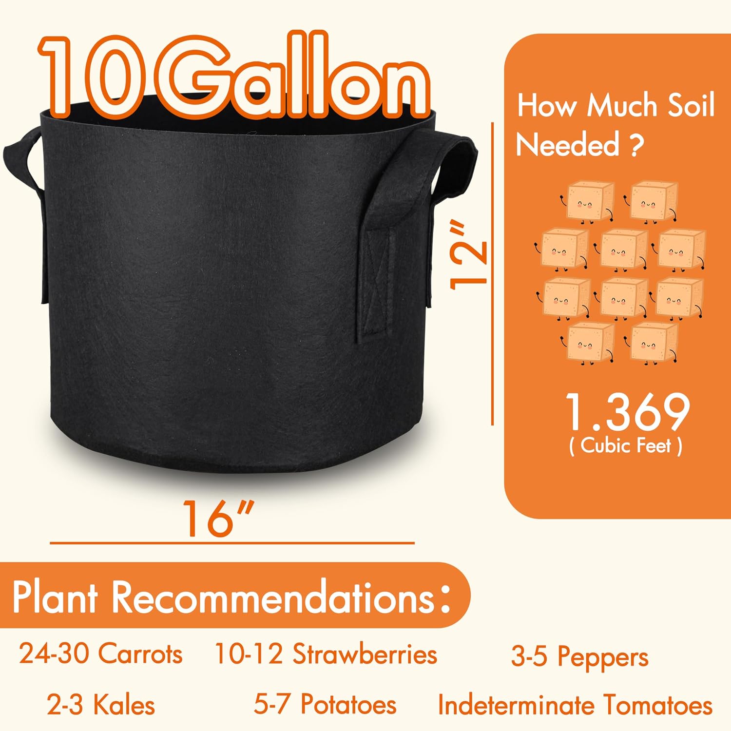 Detalle 2 de Gardzen GGB-10G 10-Pack 10-Gallon Grow Bags, 300G Fabric, Reinforced Handles