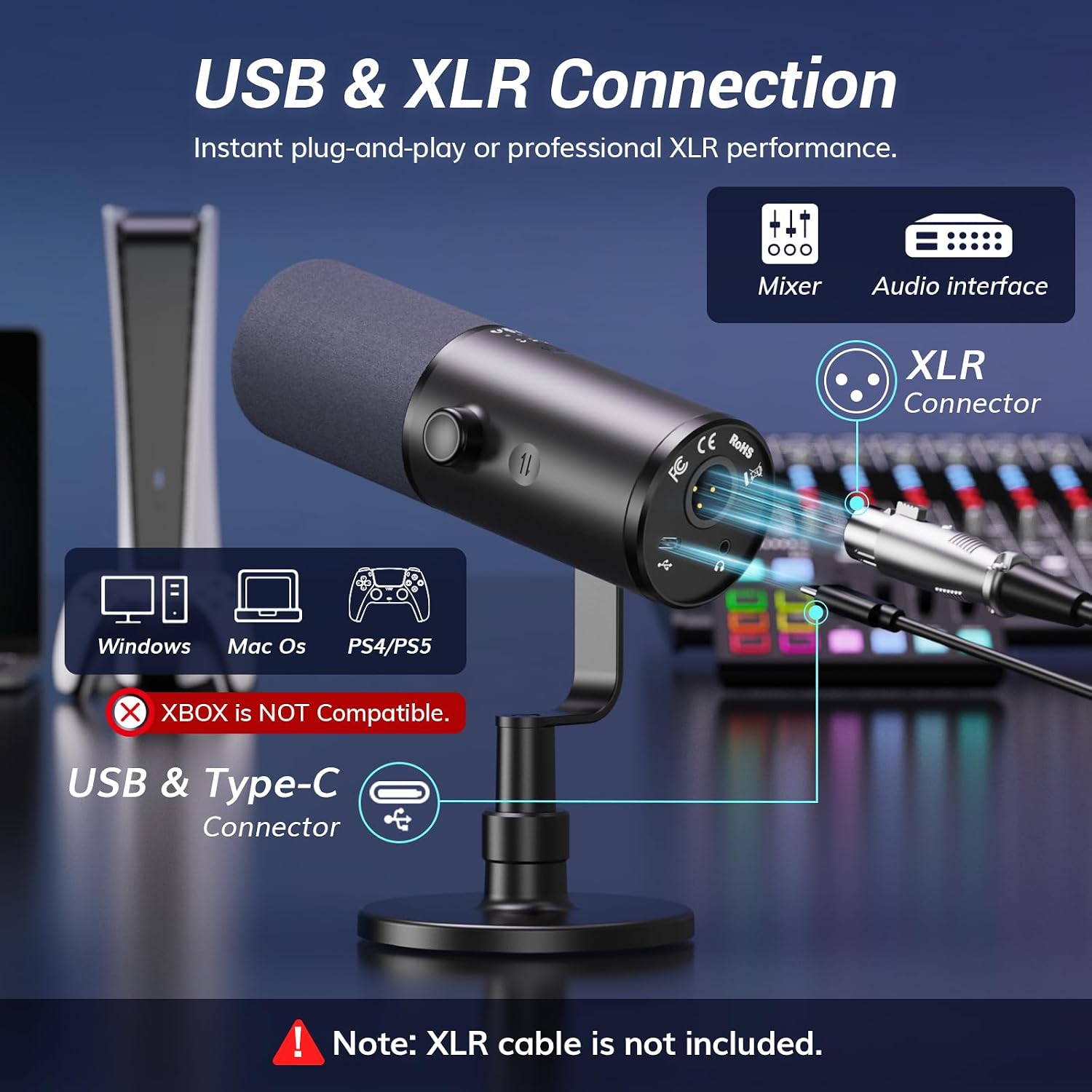 Detalle 1 de TONOR TD510 Air Dynamic Gaming Microphone, USB/XLR, AI Noise Reduction