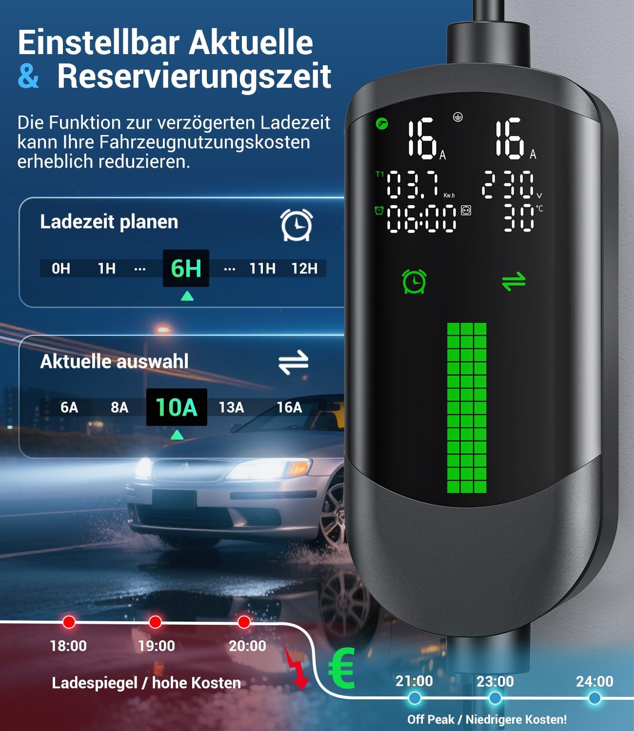 Detalle de Typ 2 Ladekabel Schuko 3,7kW – 7 m, 1-phasig, IP65, LCD-Anzeige, 6–16 A, für alle EVs (IEC 62196-2) & PHEVs