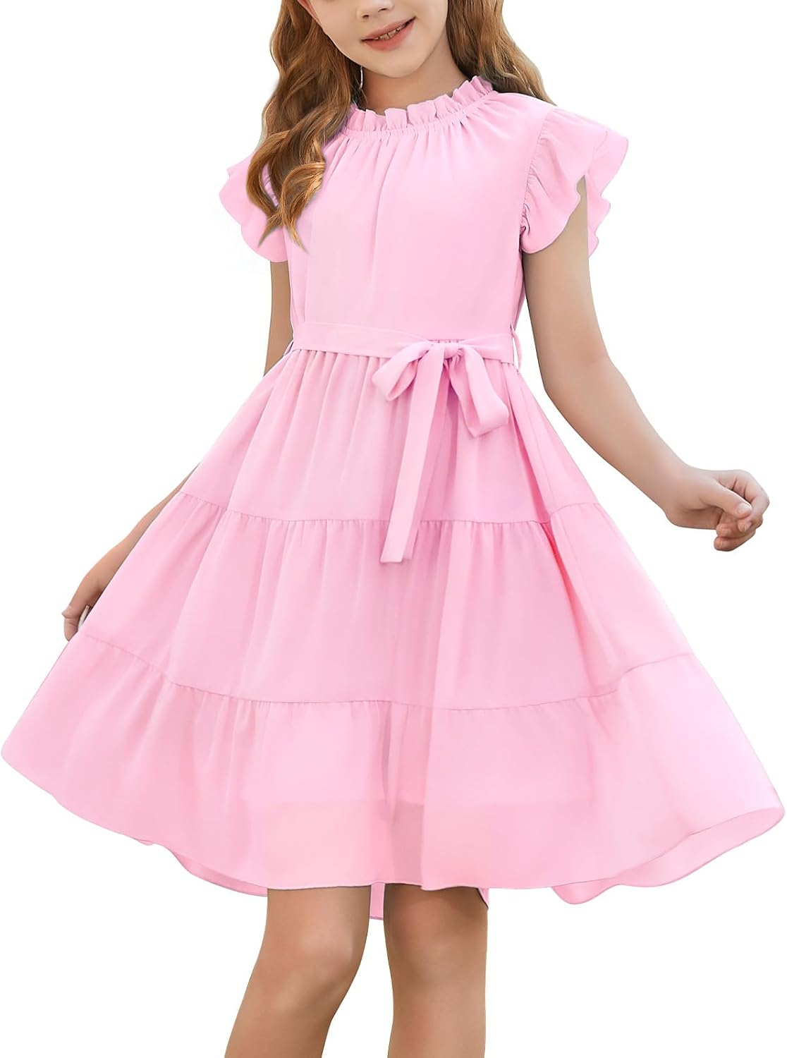 Detalle de Robe d’été Fashora pour fille — Manches à volants, col rond et ceinture amovible