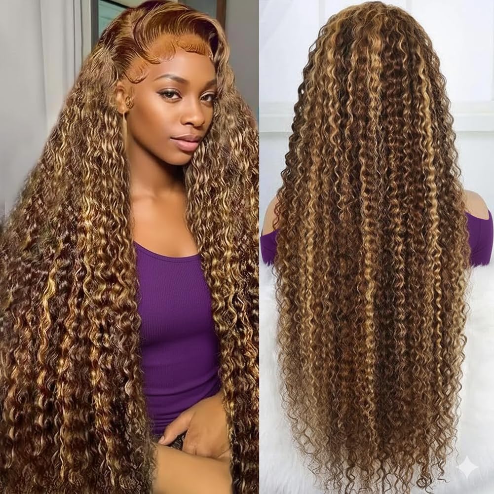 Detalle de Harmsh 30inch Highlight Ombre 13x6 HD Lace Front Wig (Deep Wave, Honey Blonde)