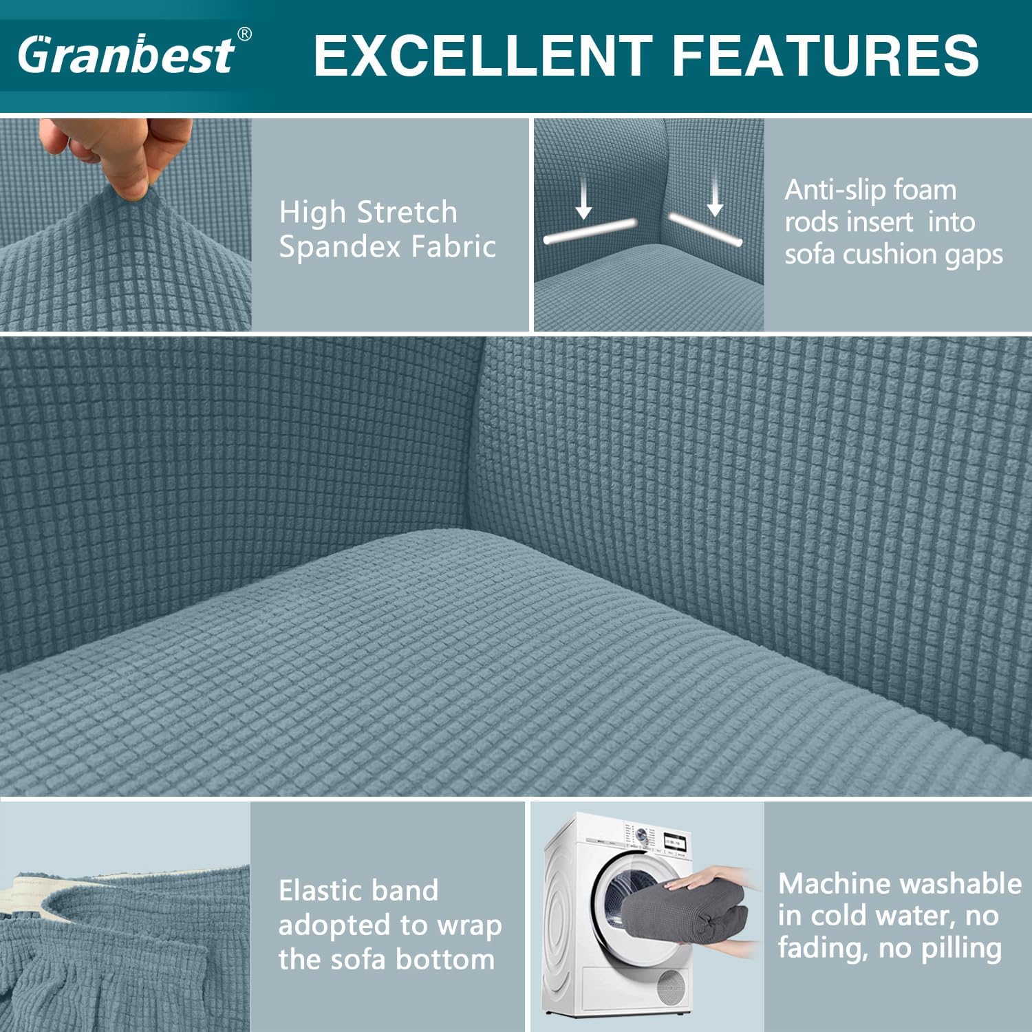 Thumbnail 2 de Granbest High Stretch 3 Seater Sofa Cover – Light Blue, Non-Slip, 85% Polyester 15% Spandex