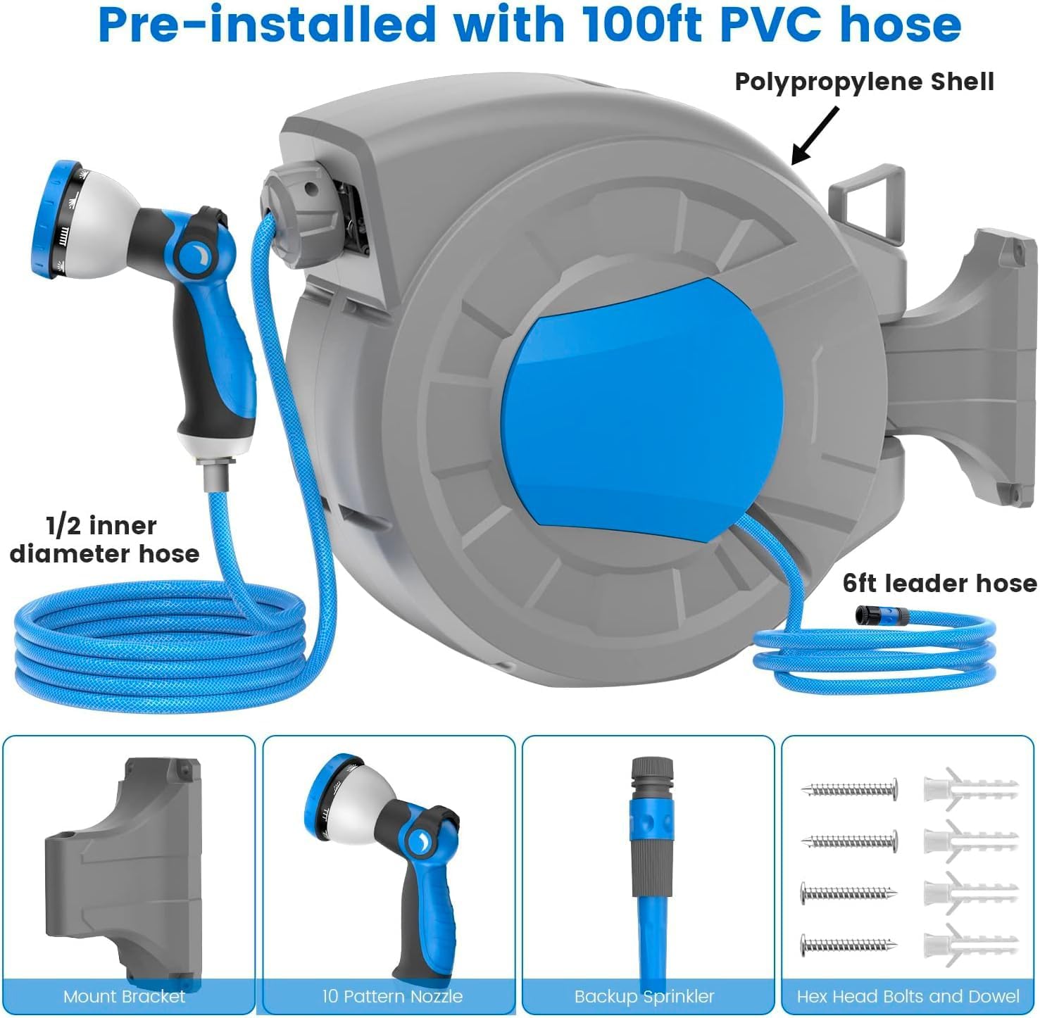 Thumbnail 4 de Retractable Hose Pipe 1/2" x 30m + 2m Wall Mounted Hose Reel with 10 Patterns Nozzle, Lock Any Length, 180°Swivel, Automatic Slow Rewind System