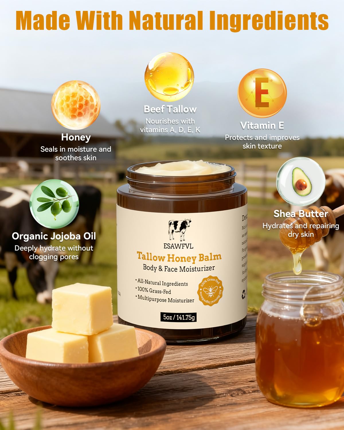 Detalle de ESAWFVL Whipped Beef Tallow & Honey Balm for Face and Body (5oz) — Grass-Fed Moisturizer