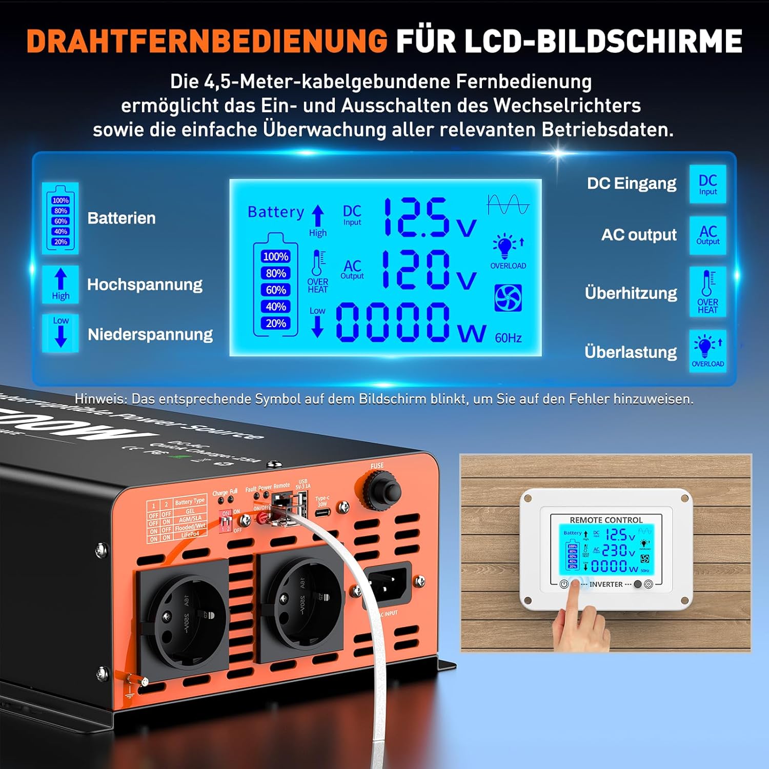 Detalle de Invertitore Onda Pura 12V→220V 2500W con UPS, priorità di rete e telecomando LCD (25A)