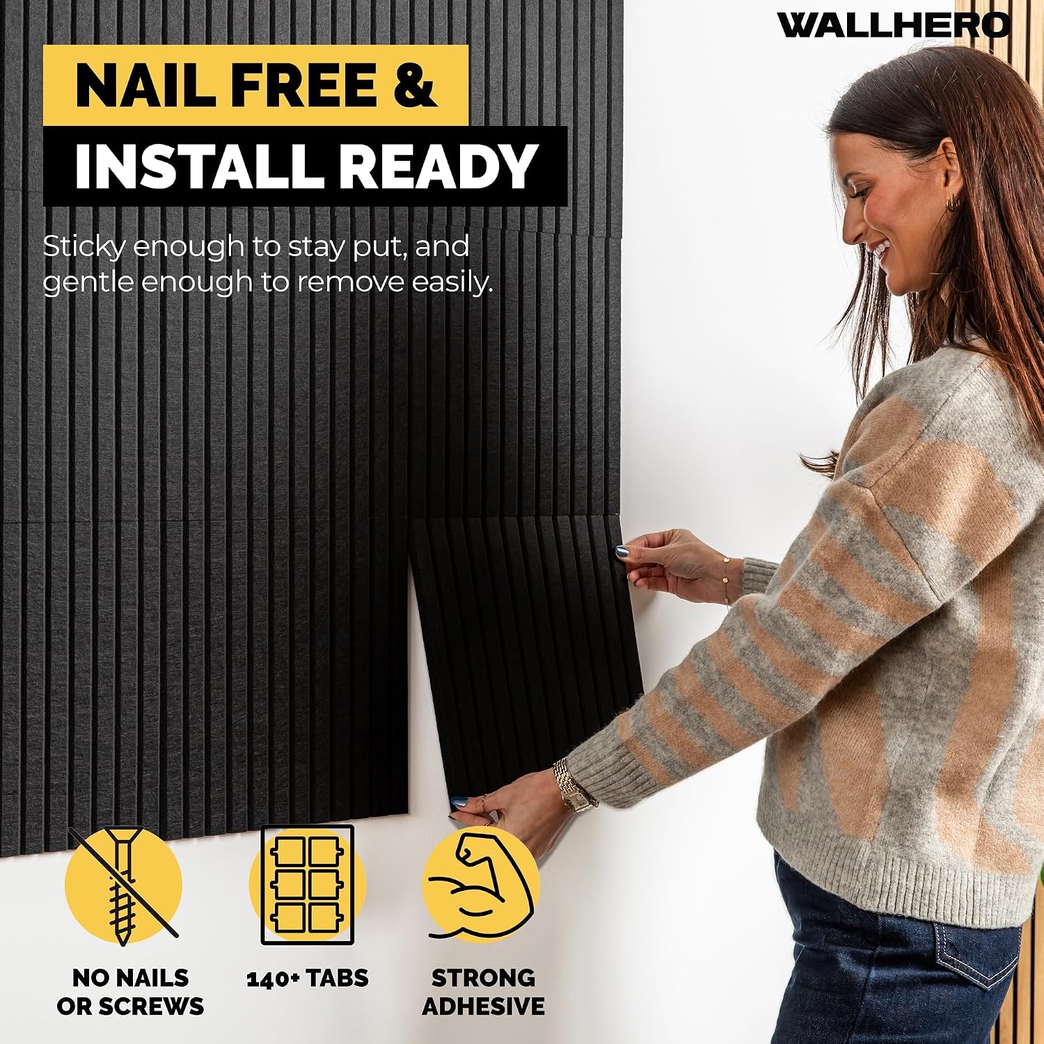 Detalle de WallHero 15x_12inch_slat Large Felt Bulletin Board, 15 Black Tiles