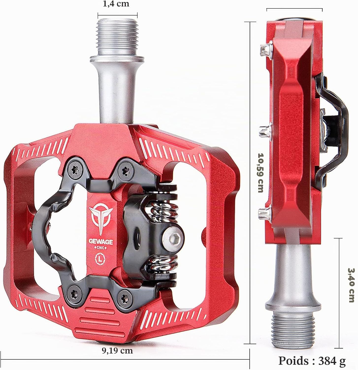 Detalle de GEWAGE 2-in-1 mountainbikepedalen, SPD-compatibel, CNC-aluminium, rood