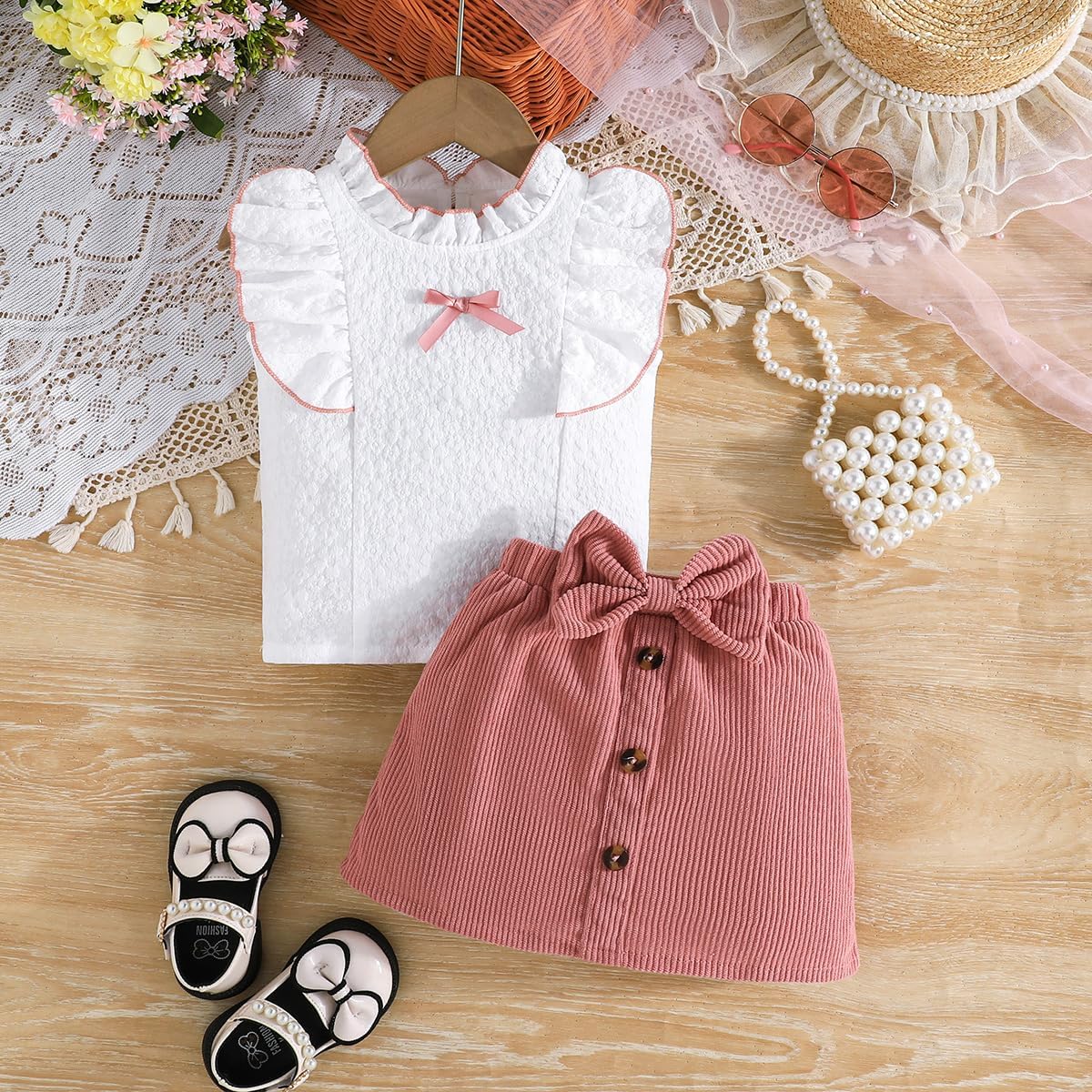 Thumbnail 1 de QUNERY Toddler Girl Long Sleeve Ruffled Top and Mini Skirt Set